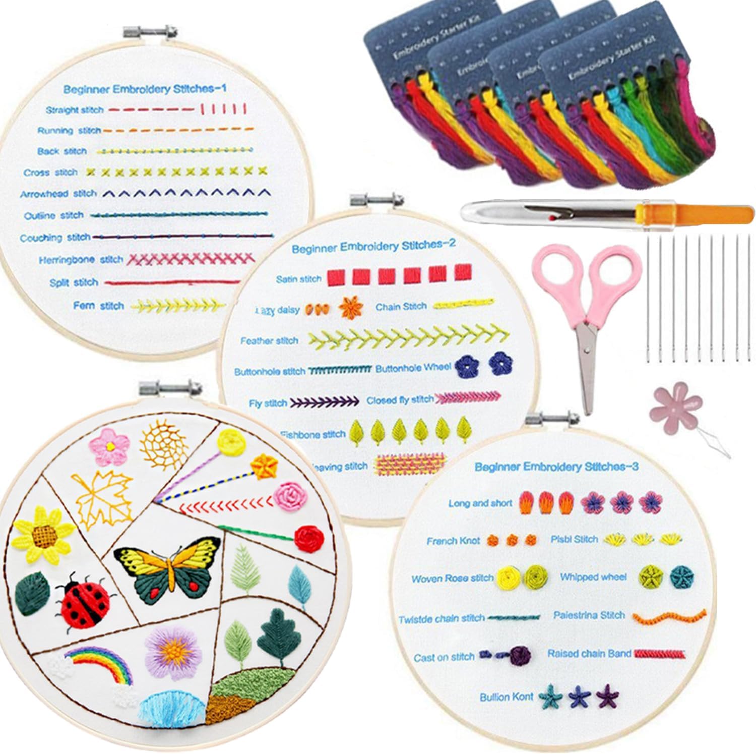 YIZUNNU Juego de 4 piezas de bordado para principiantes, kits de punto de cruz para adultos y niños, manualidades, 4 piezas de patrón de bordado con