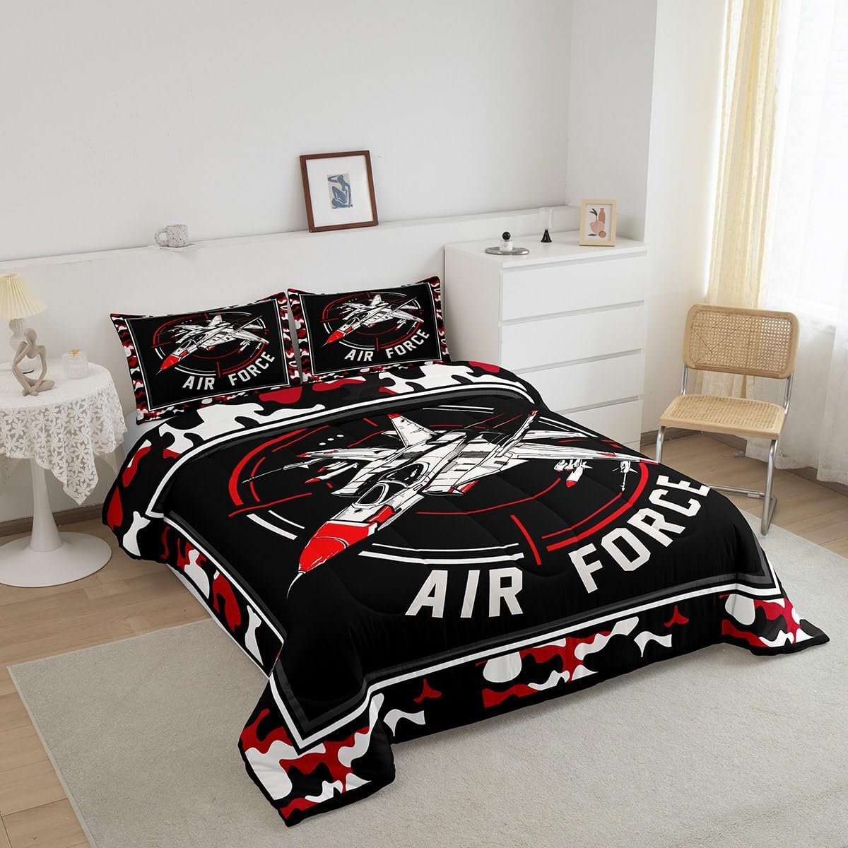 ZZRS2779ZMD-BZ_USF – Juego de edredón de tamaño matrimonial, ropa de cama de 3 piezas con diseño de camuflaje militar, rojo y negro para niños,