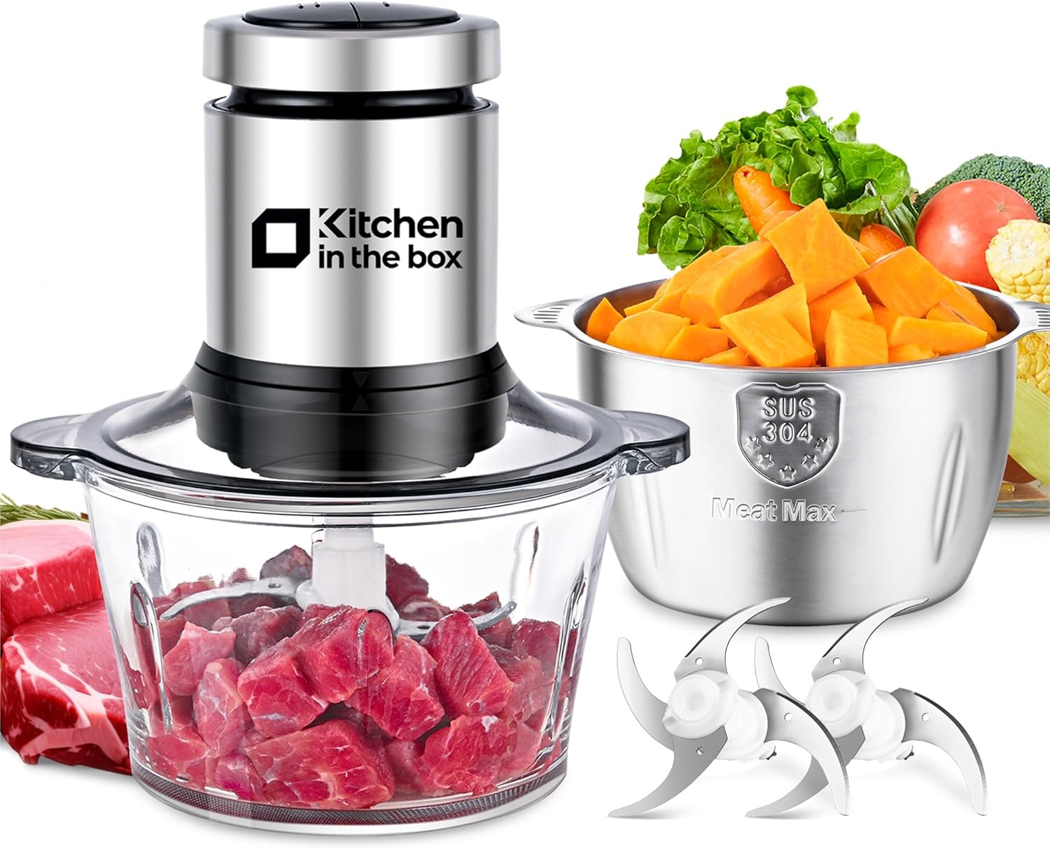 Kitchen in the box Procesadores de alimentos, mini picadora de carne y picadora de alimentos, picadora eléctrica de verduras con 2 cuencos (8 tazas