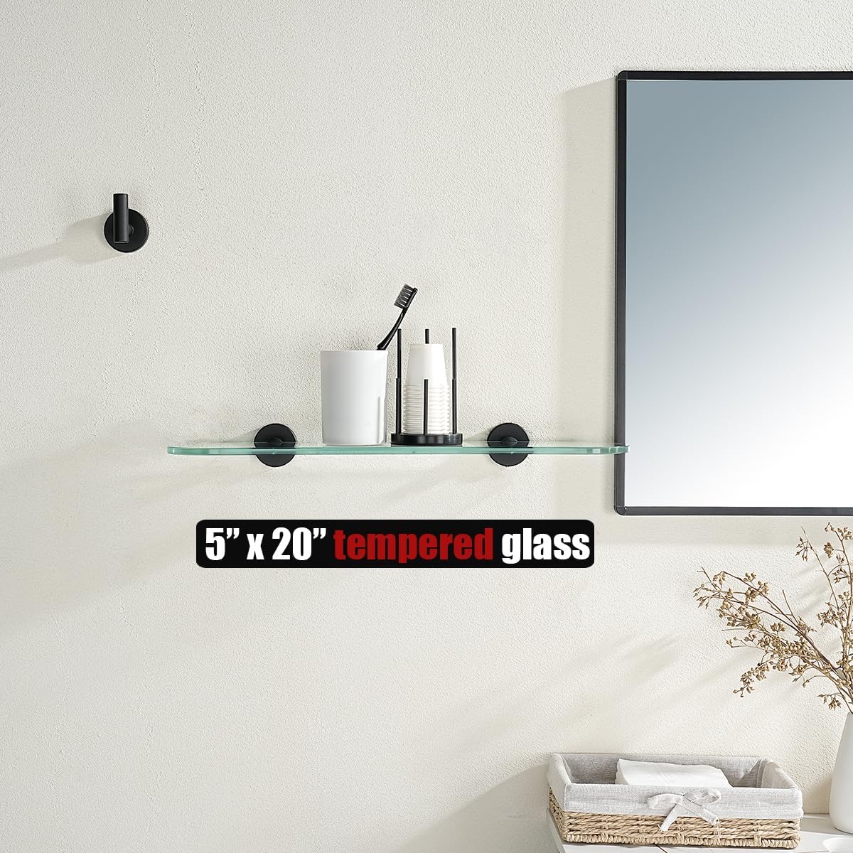 JQK TGS121L20-PB – Estante de vidrio templado para ducha de 20 x 5 pulgadas, acero inoxidable 304 negro mate, TGS121L20-PB