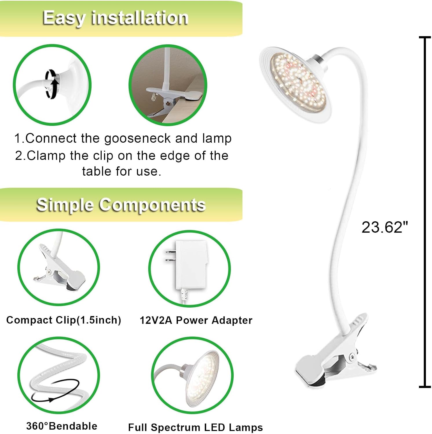 yadoker Luces de cultivo para plantas de interior, luz de crecimiento con clip de espectro completo con temporizador de 8H12H16H, brillo de 10