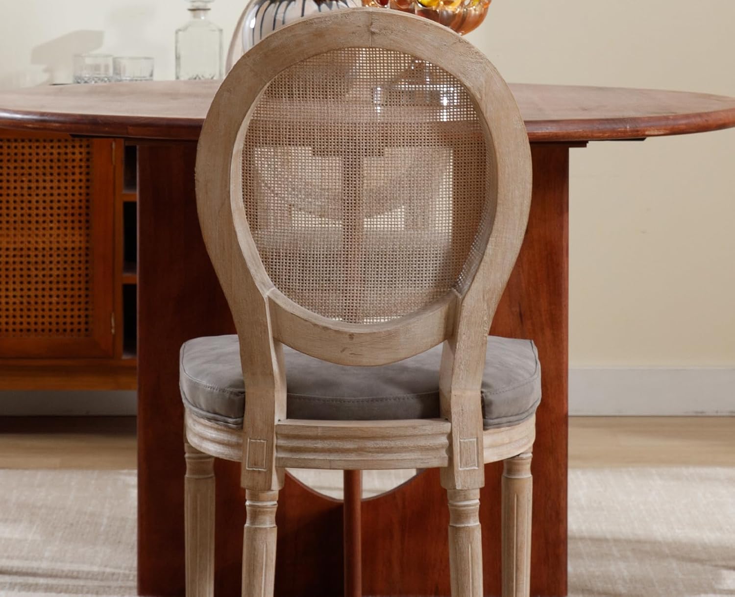 chairus Juego de 2 sillas de comedor de ratán de granja, sillas de campo francesas de cuero con respaldo redondo, sillas laterales ovaladas para