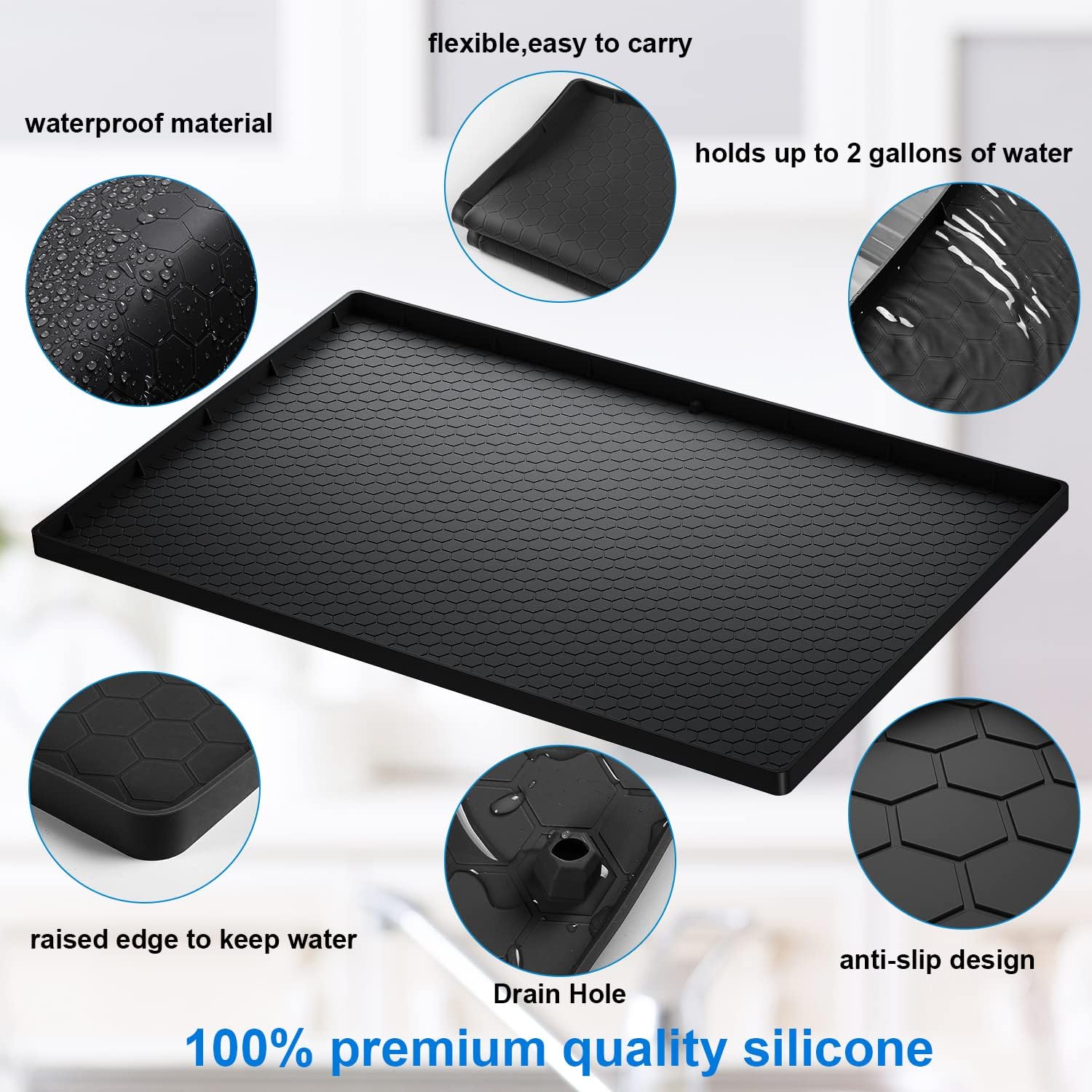 Tapete para debajo del fregadero, tapete impermeable para gabinete de cocina de 31 x 22 pulgadas, forro de silicona flexible para debajo del