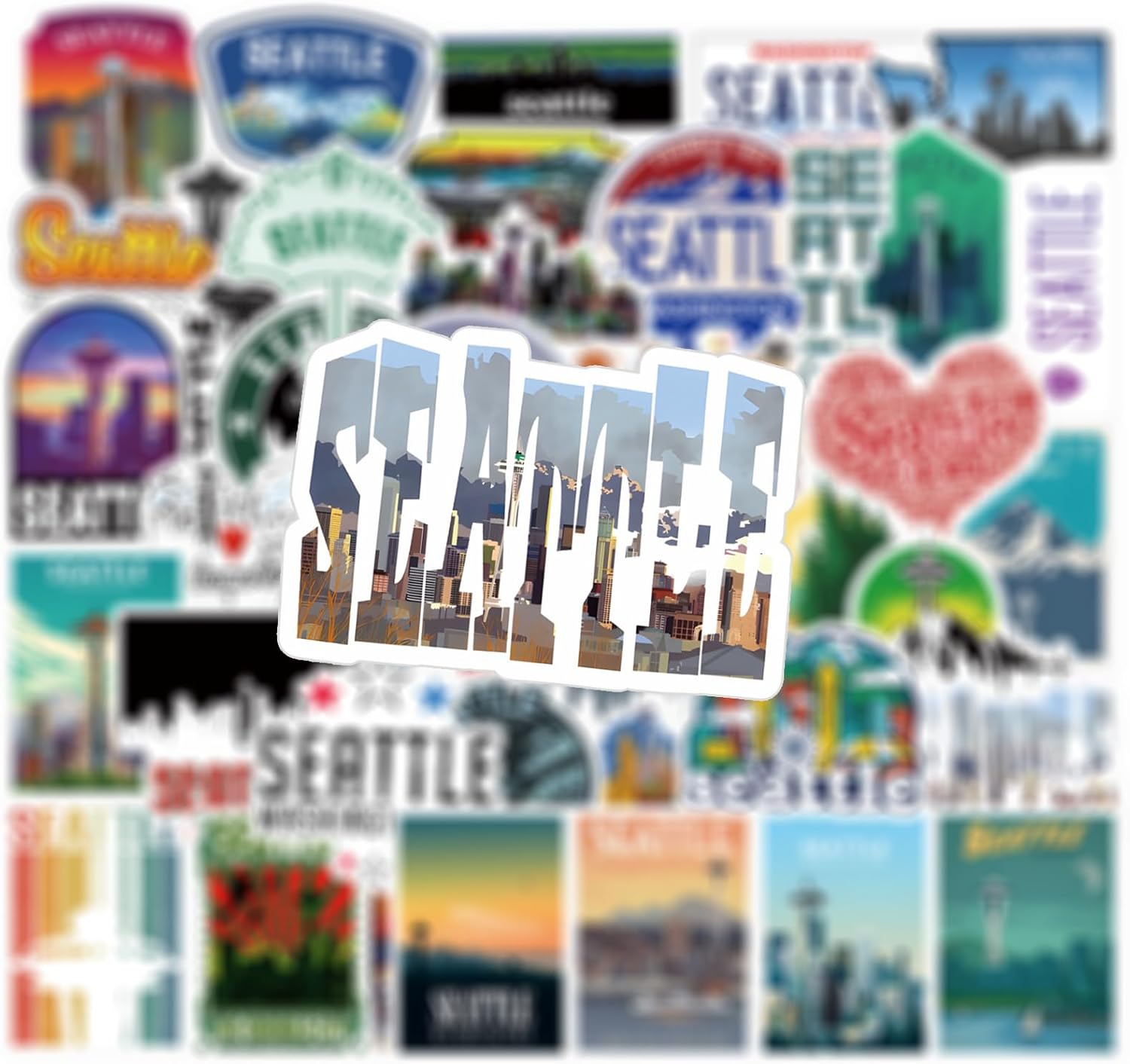 53 calcomanías de Seattle de vinilo impermeables para laptop, parachoques, patineta, botella de agua, computadora, teléfono, calcomanías de dibujos