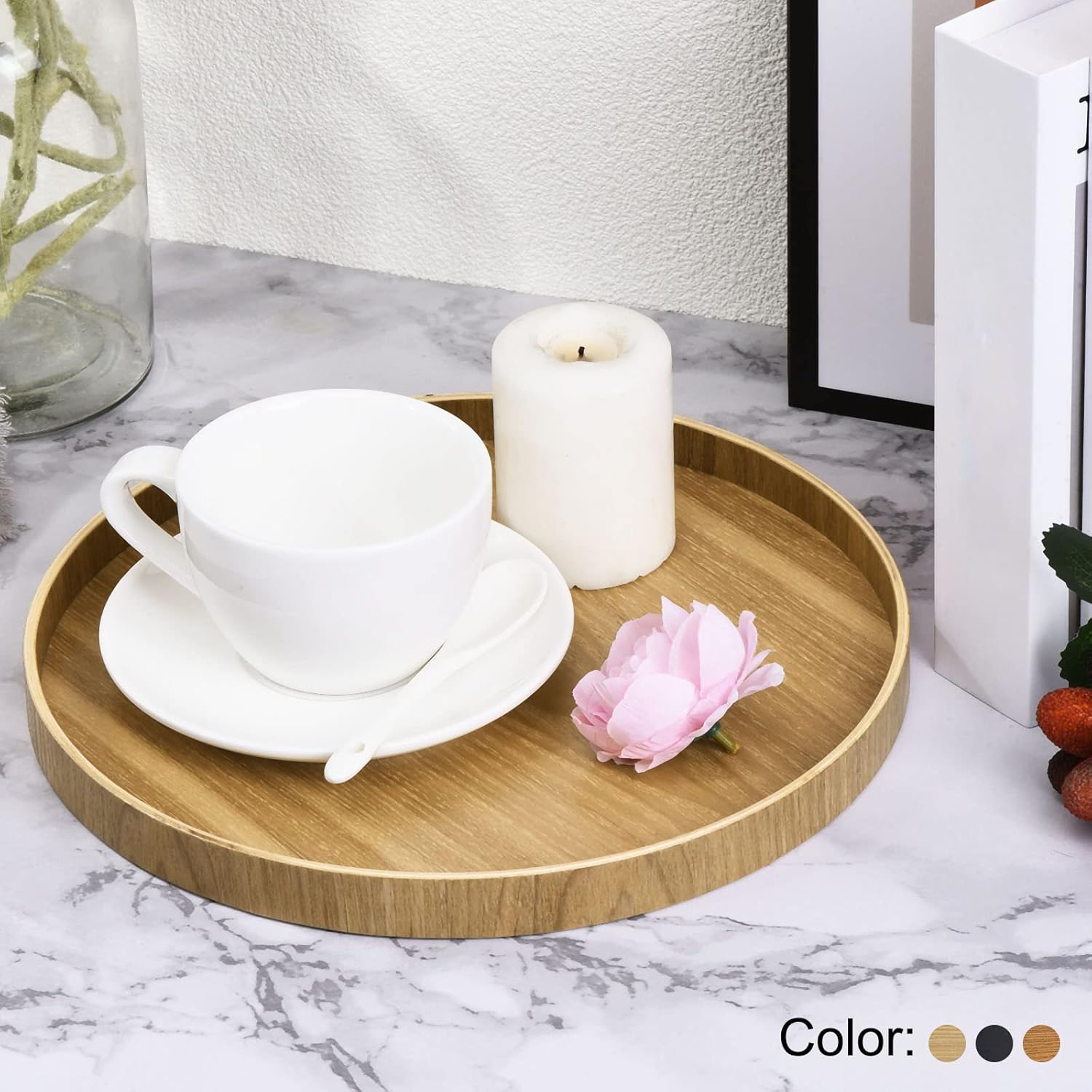 PATIKIL Bandeja de madera para servir de 12 pulgadas, bandeja decorativa redonda para decoración del hogar, cocina, mesa, portavelas, color negro