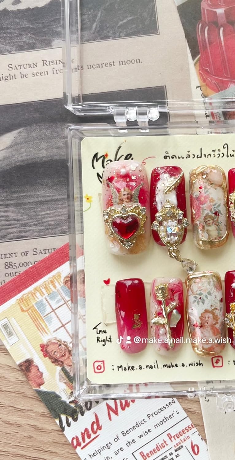 Boudoir red angel! press on nails, False nail, fake nails, handmade, nail art  design by make.a.nail.make.a.wish (XS, Nature)