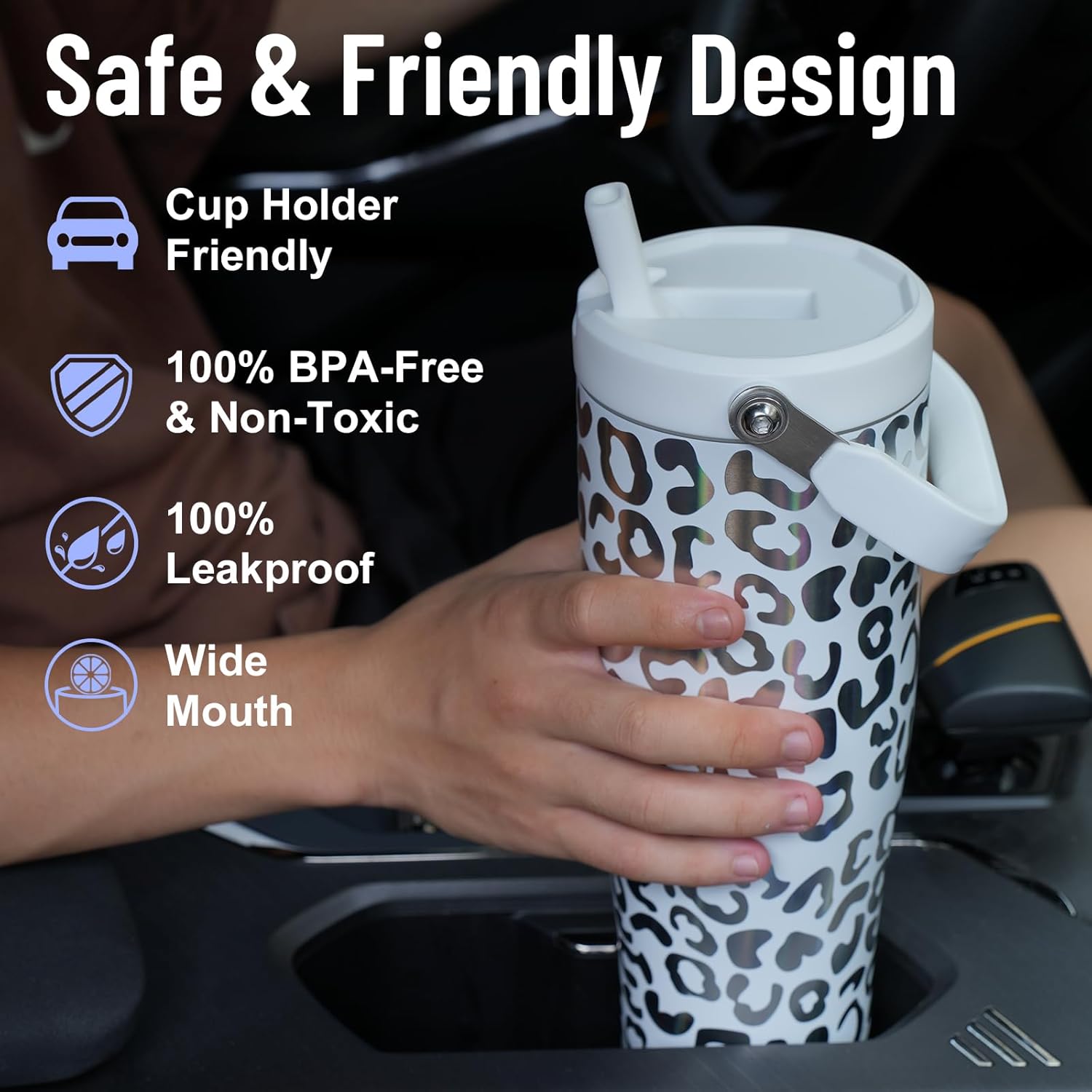 Zukro Vaso de 50 onzas con asa superior, botella de agua de acero inoxidable aislada a prueba de fugas con popote abatible para viajes, al aire