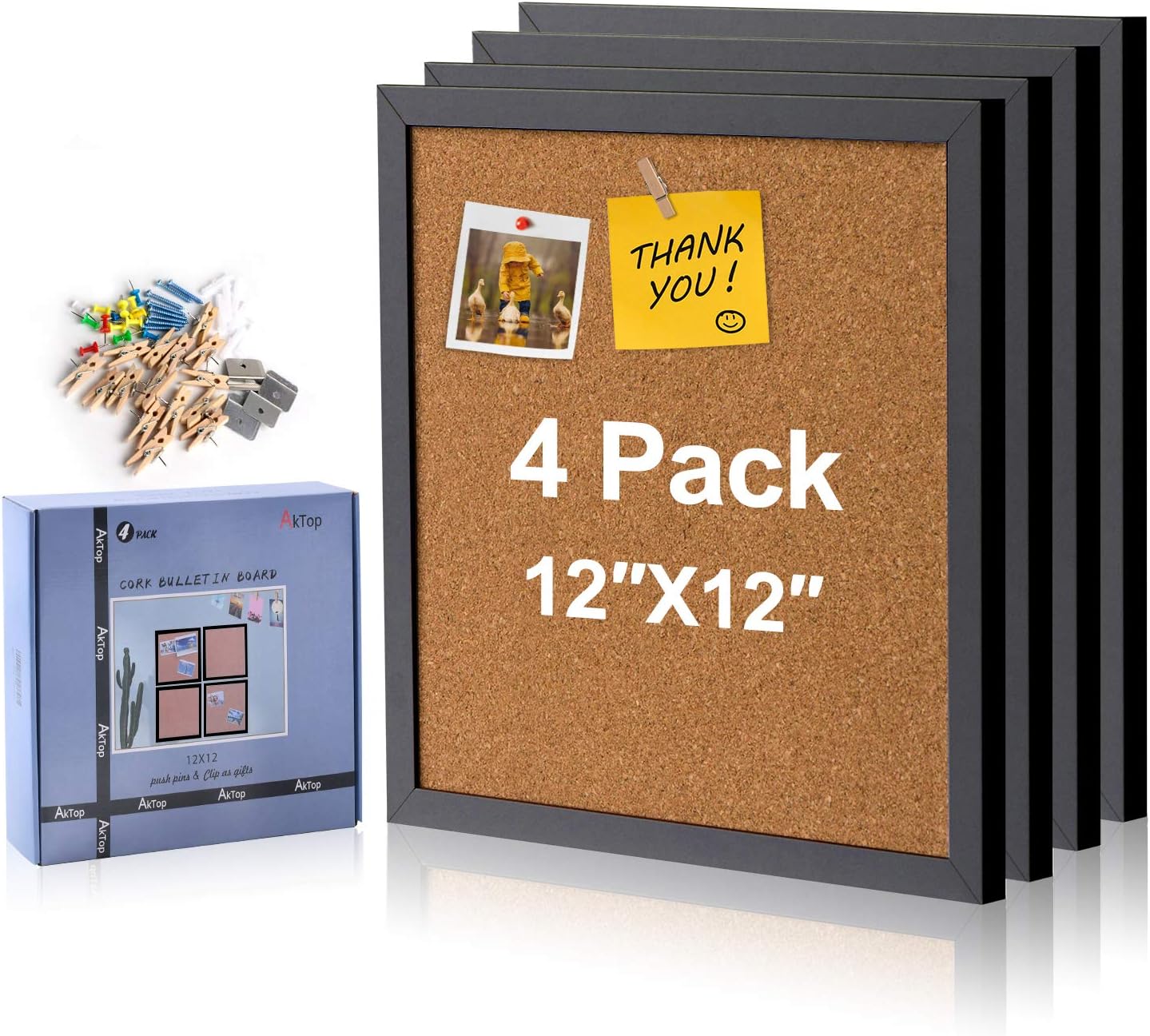 AkTop Tablero de anuncios de corcho de 12 x 12 pulgadas, tablero de corcho enmarcado negro, paquete de 4 unidades, pequeño tablero cuadrado para