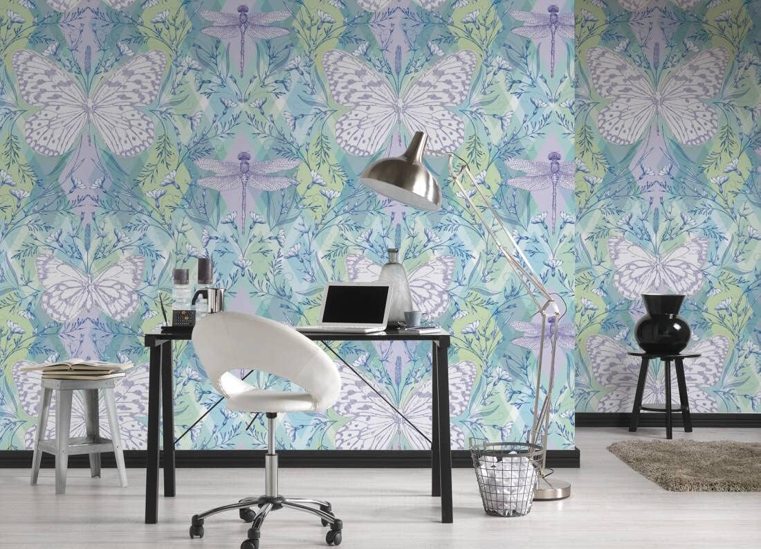 CONCORD WALLCOVERINGS  Papel tapiz floral para dormitorio, flores, mariposas, azul y verde lila, 63 pulgadas de ancho x 110 pulgadas de alto, 3
