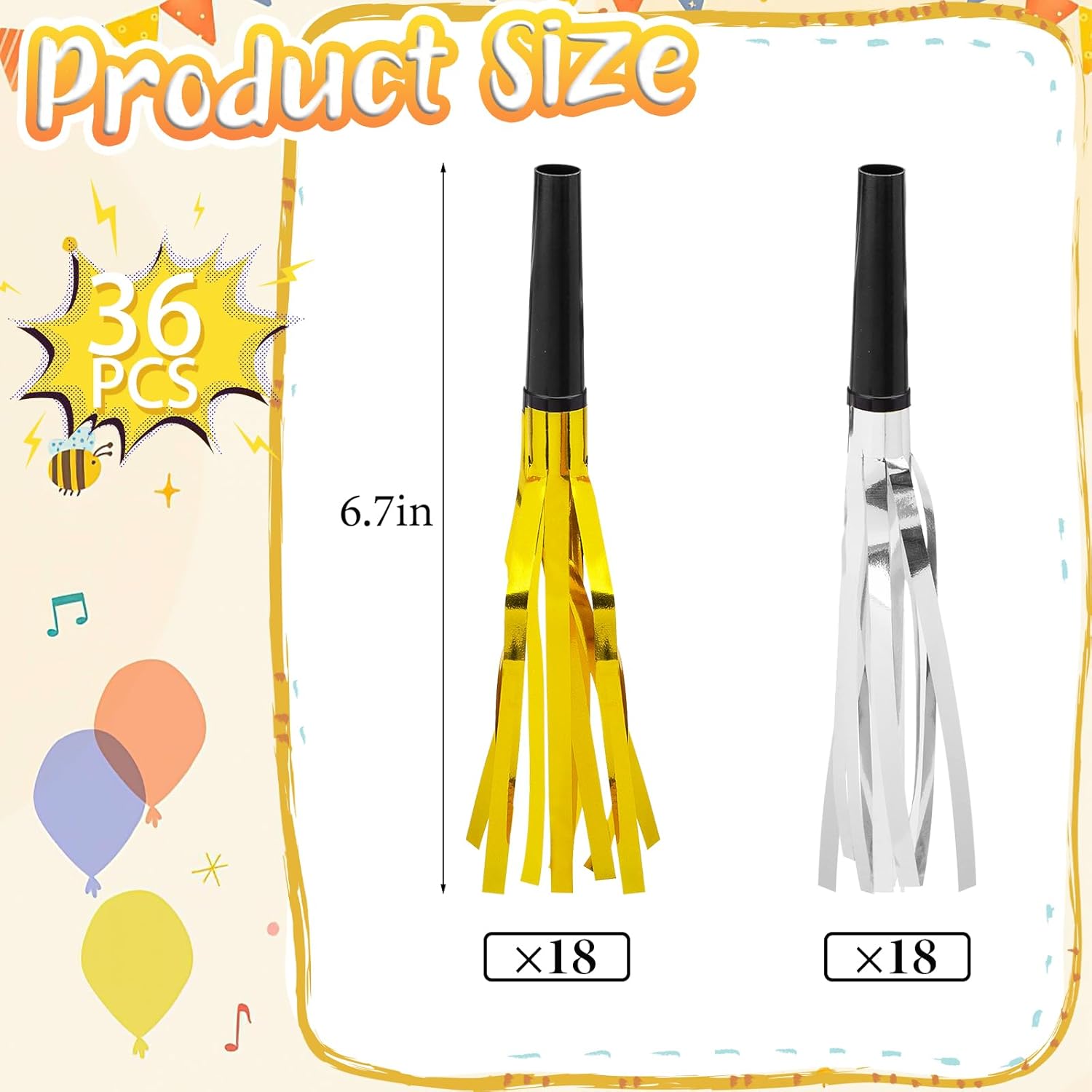 LovesTown 36 sopladores metálicos con flecos para fiestas, con purpurina, color dorado y plateado, silbatos para niños, adultos, cumpleaños, Año