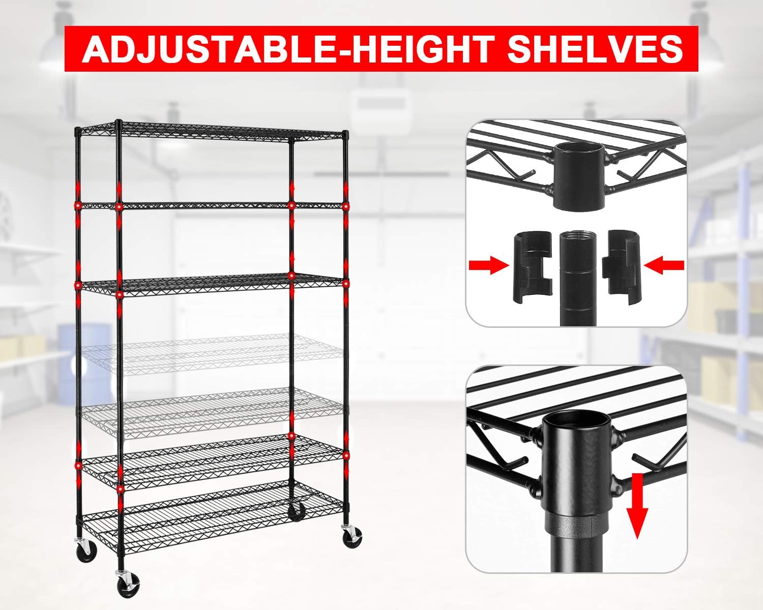 FDW – Estantería metálica  6 estantes de alambre de acero resistente ajustables, con ruedas, 48 pulgadas (L) x 18 pulgadas (An) x 76 pulgadas (A)