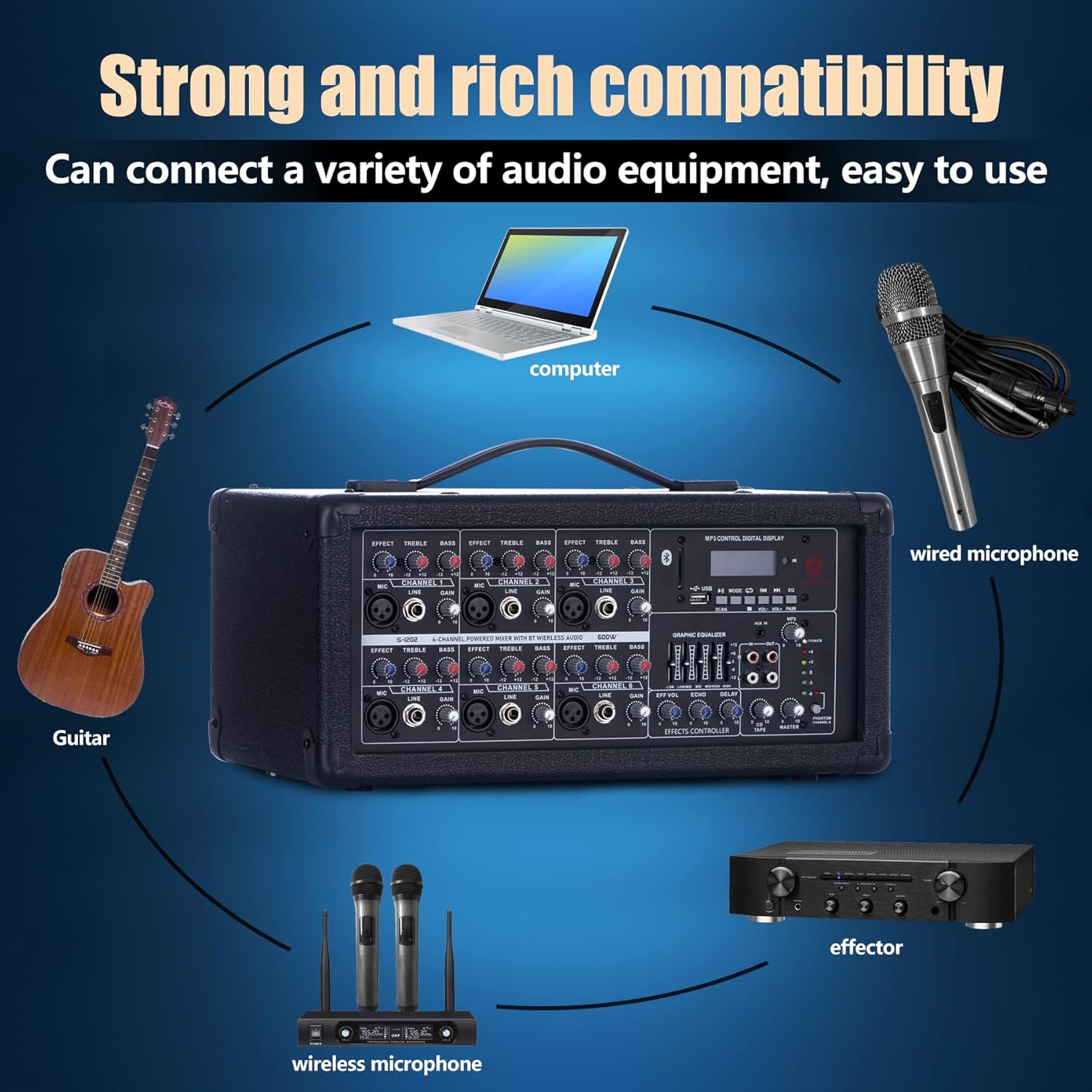 S-1202 Sistema PA Bluetooth de 12 pulgadas y 2000 W con juego de mezclador eléctrico, altavoces pasivos con mezclador de 6 canales, soportes,