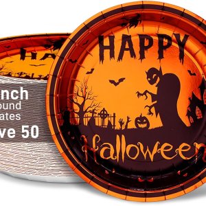 BFUN Platos desechables de fiesta de Halloween, 50 unidades, platos de papel de 9 pulgadas con casa encantada de lámina dorada, fantasmas, BFUN Platos desechables de fiesta de Halloween, 50 unidades, platos de papel de 9 pulgadas con casa encantada de lámina dorada, fantasmas,