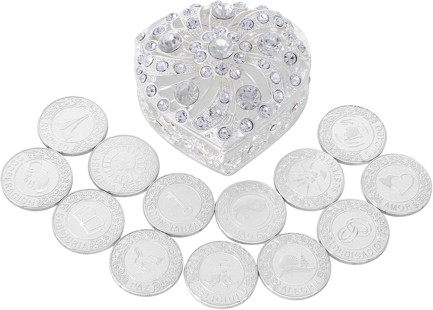 Boda Católica Española Monedas de Plata, Centros de mesa para bodas,Recuerdos para boda con caja en forma de corazón de diamante,Recuerdos de boda
