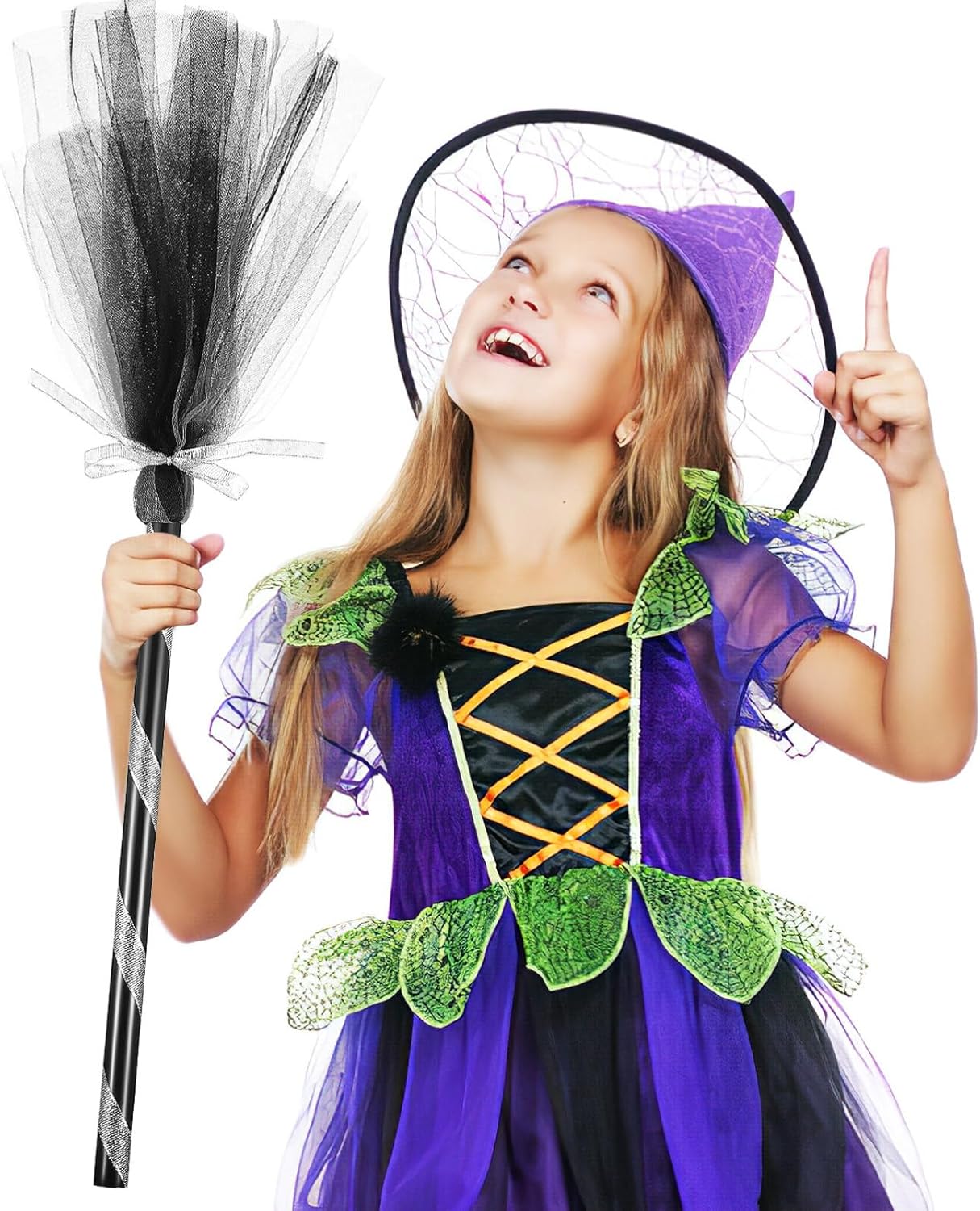 SAFIGLE 5 piezas de escoba de bruja de Halloween, escoba de bruja para niños, accesorios de disfraz de Halloween, decoración de disfraz de bruja de