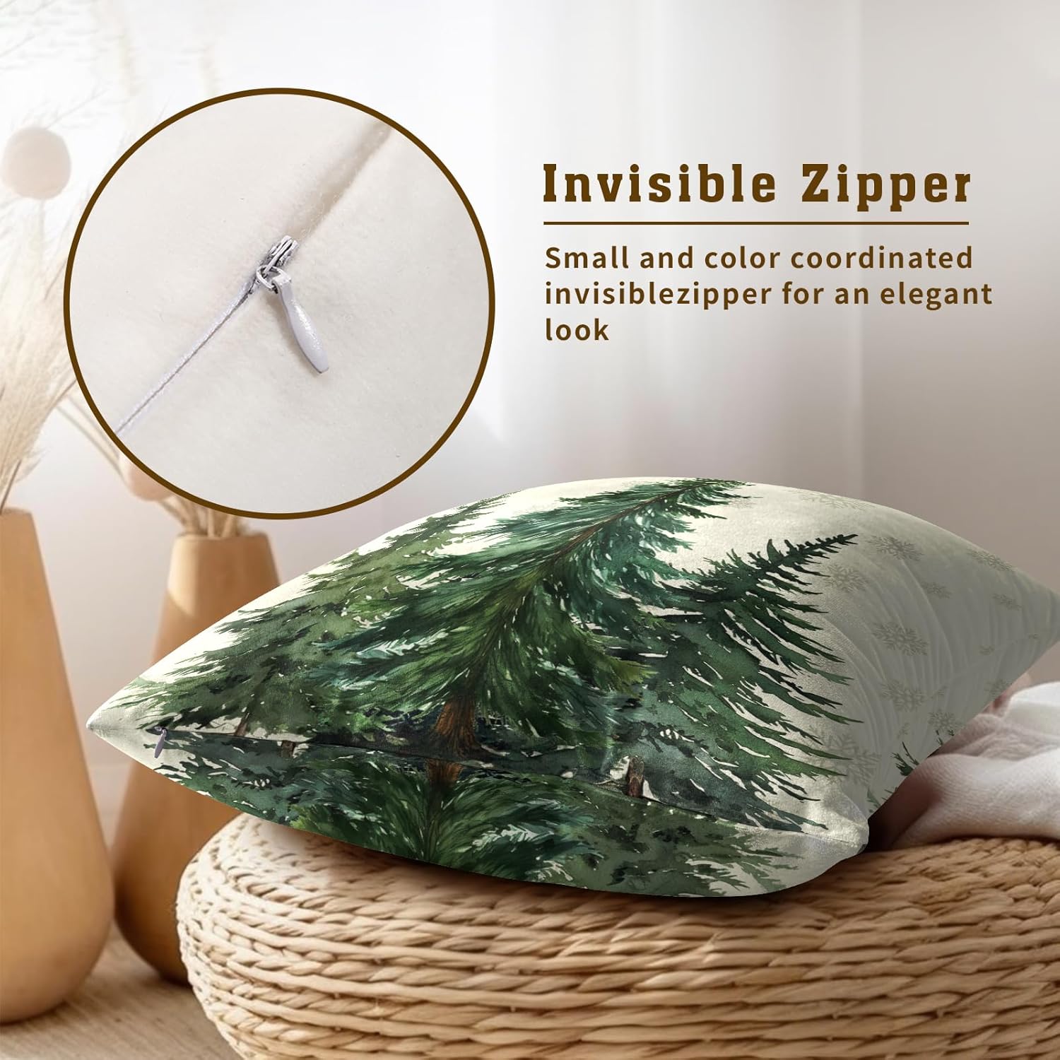 Juego de 2 fundas de almohada de bosque de pinos de 22 x 22 pulgadas, color verde nieve, cedro y abeto beige, fundas decorativas de invierno para