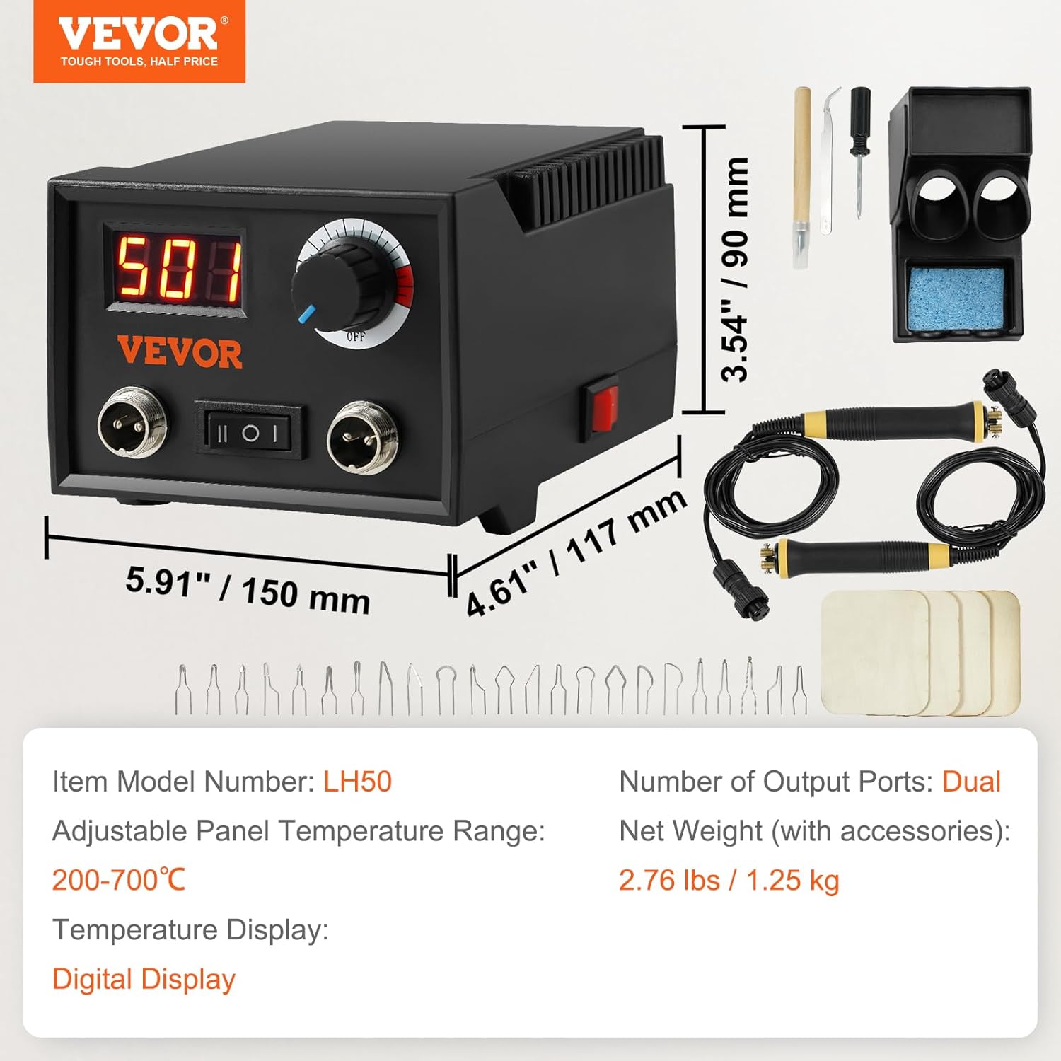 VEVOR Kit de combustión de madera, temperatura ajustable de 200  1,292.0 F con pantalla, puerto de salida doble con 2 bolígrafos de pirografía, 23