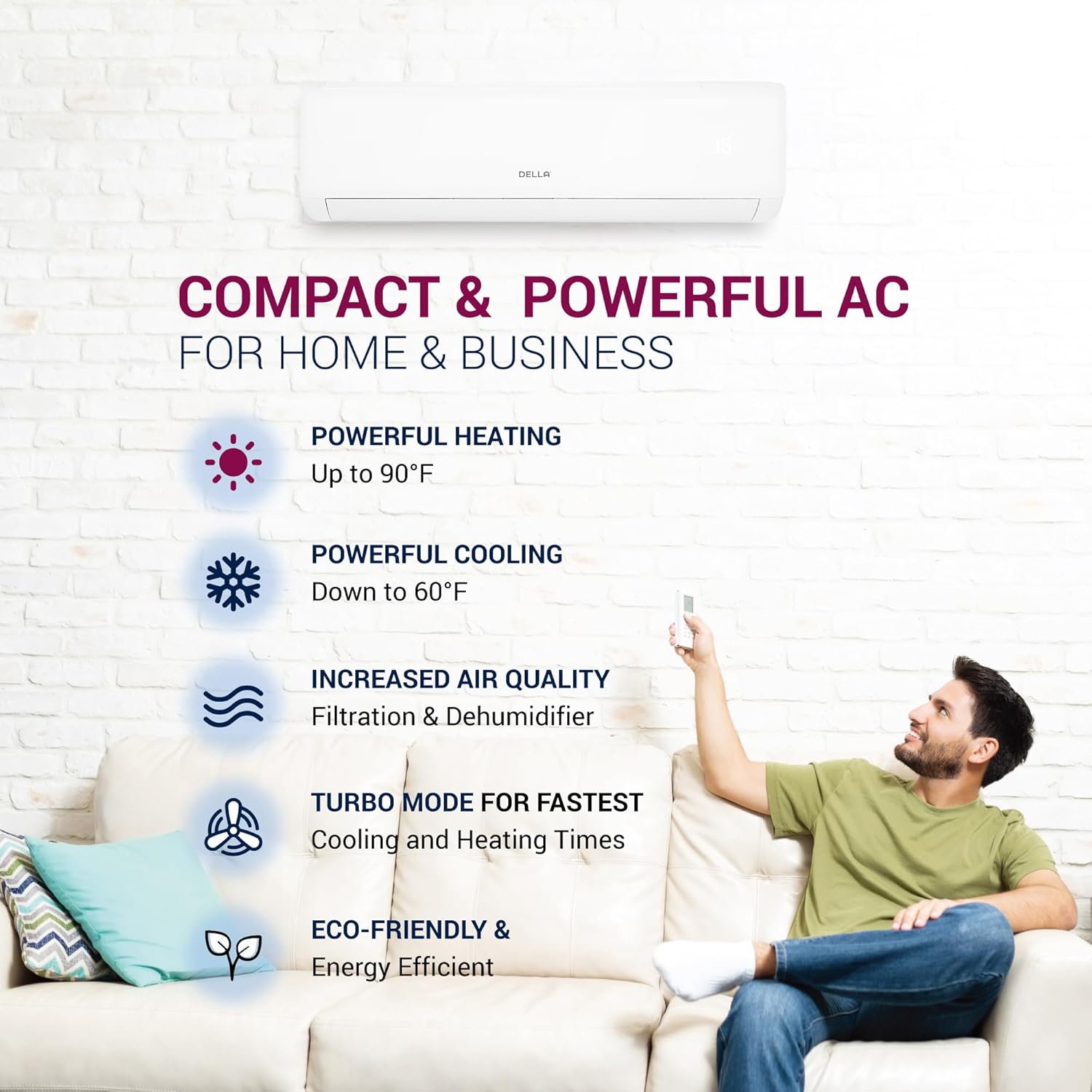 DELLA 18000 BTU Mini Split AC 21 SEER2 enfría hasta 1000 pies cuadrados, 208-230 V, aire acondicionado y calentador habilitado para WiFi con bomba