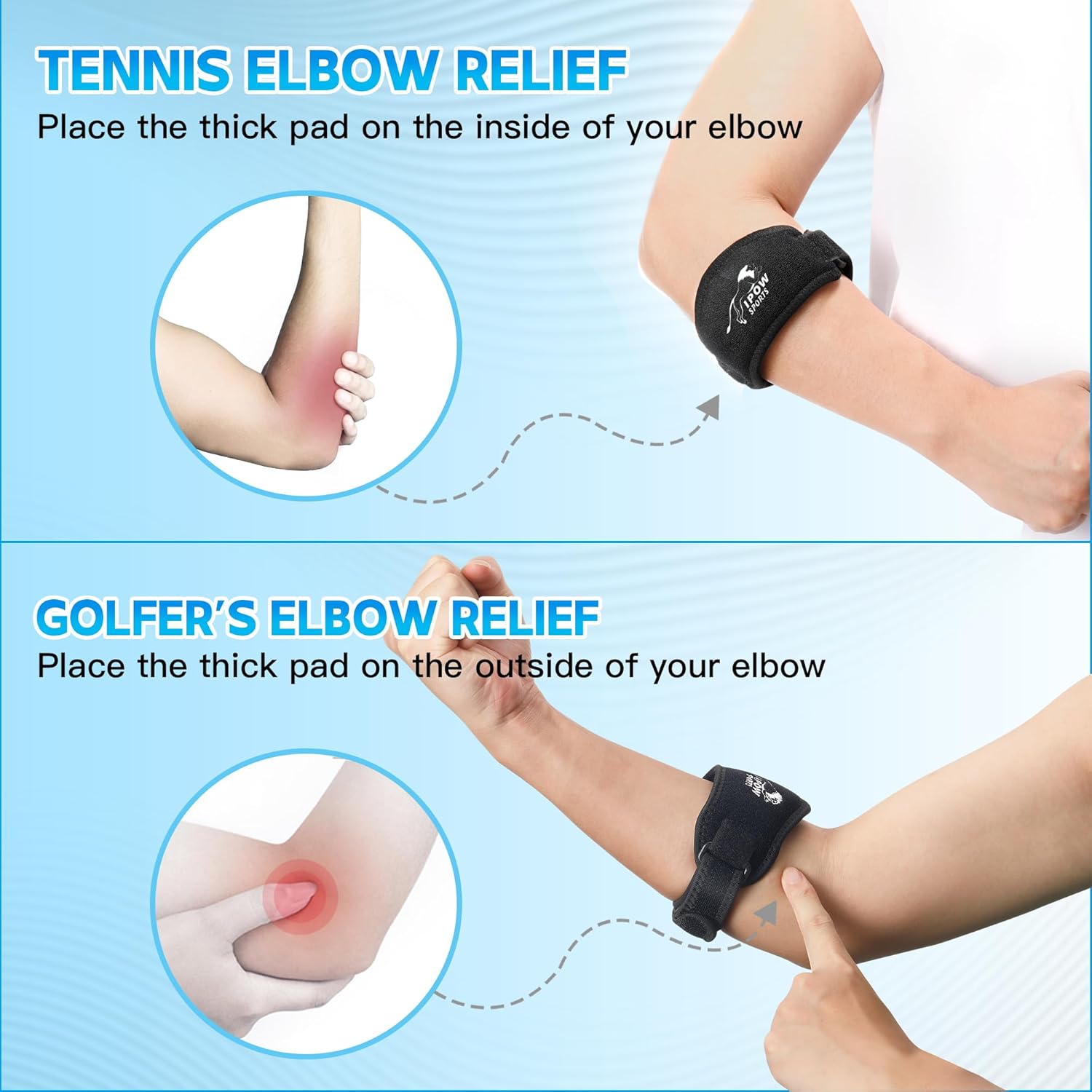 IPOW Paquete de 2 coderas de tenis y golfistas, coderas de tenis con almohadilla gruesa para hombres y mujeres, coderas para tendinitis y alivio del