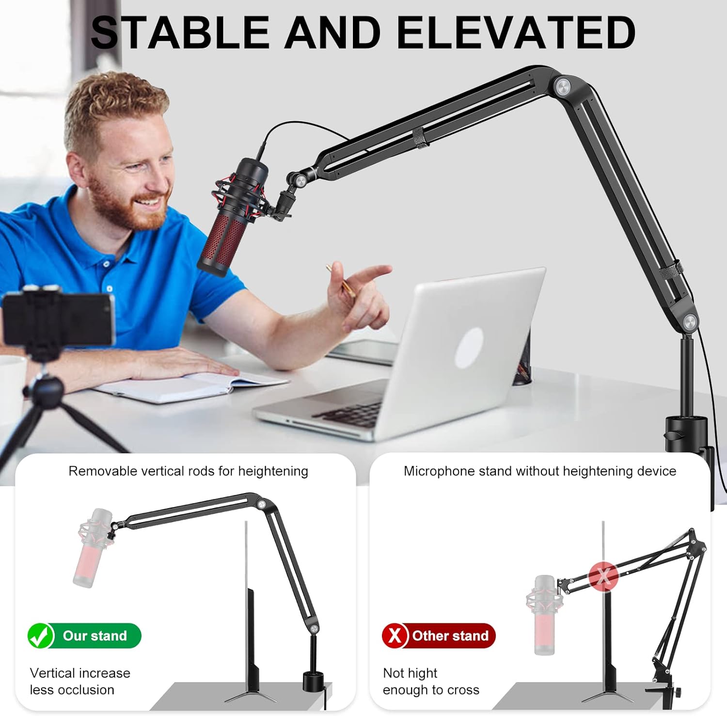 Brazo de micrófono, Aokeo AK-45 – Soporte de brazo de tijera de suspensión para micrófono compacto ajustable para Blue Yeti, Snowball iCE, HyperX