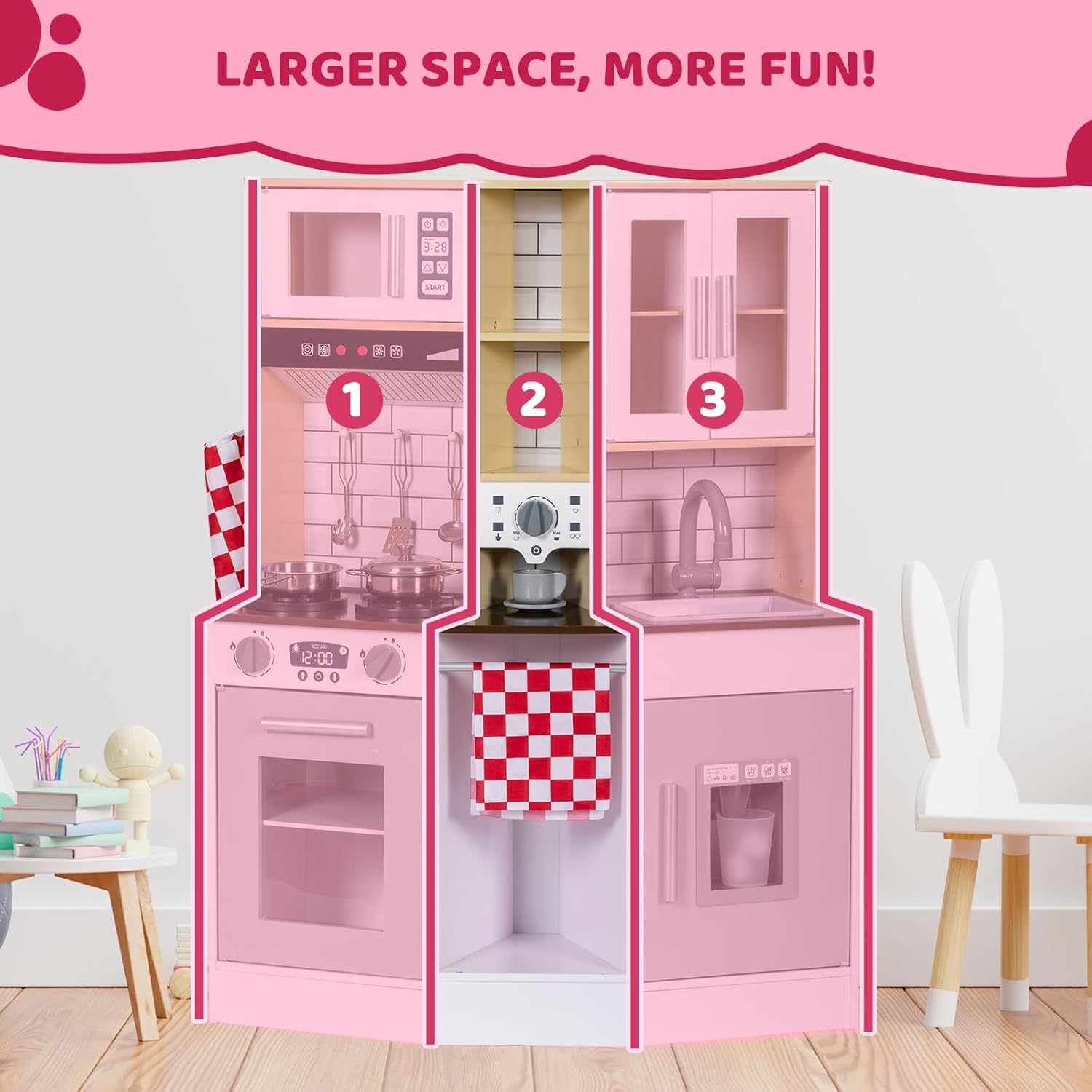 Juego de cocina para niños, cocina de madera con grifo, fregadero, microondas, horno, delantal, armarios de almacenamiento, juego de juguetes de