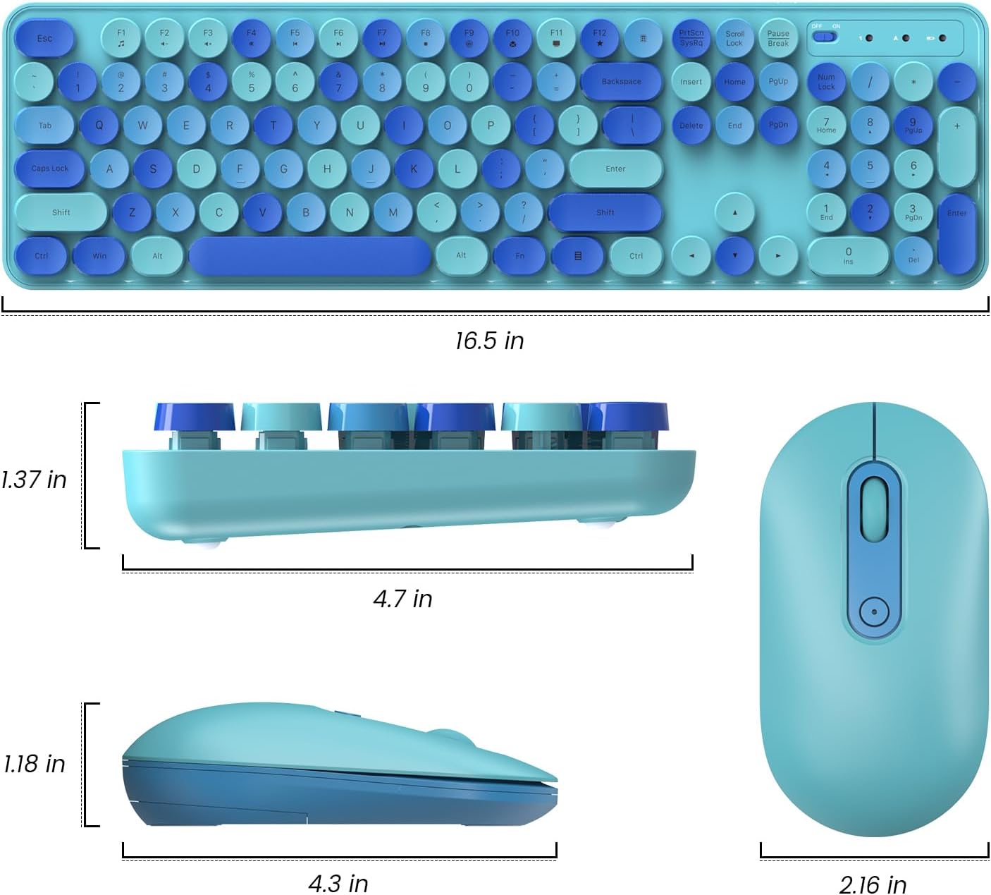 LIZRROT – Teclado y mouse inalámbricos, teclado y mouse combinados, teclado colorido de tamaño completo con teclas redondas, bonito mouse de 2.4 G