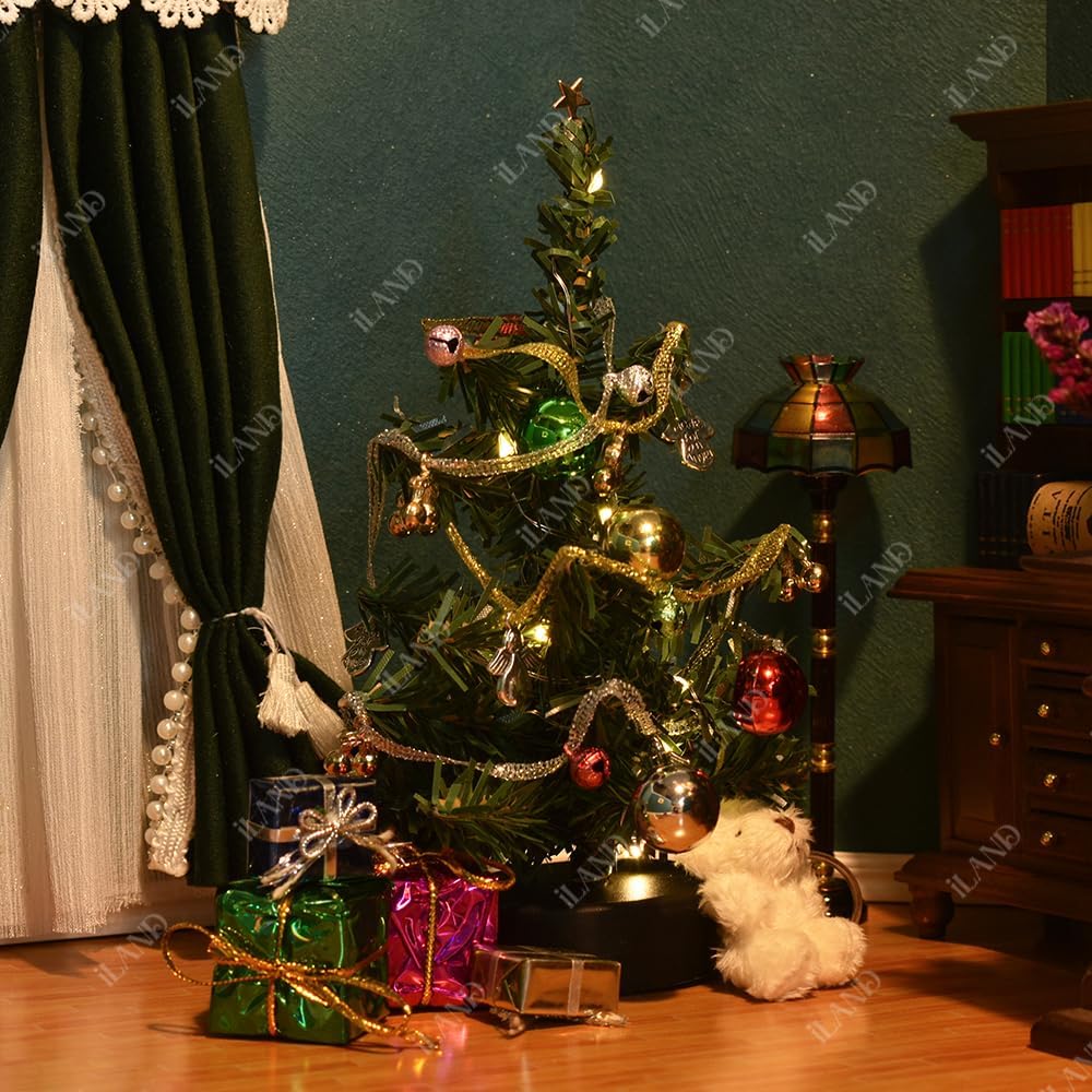 iLAND Accesorios de casa de muñecas para decoración de Navidad, árbol de Navidad en miniatura brillante con regalos para puerta de elfo y puerta de