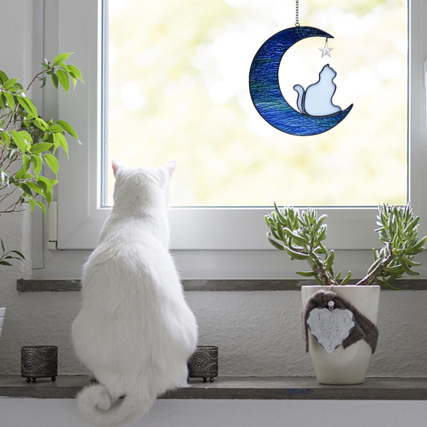 HXFRTYU Regalos conmemorativos para gatos, colgantes de vitrales de gato en luna, decoración de Halloween para gatos, regalos para amantes de los