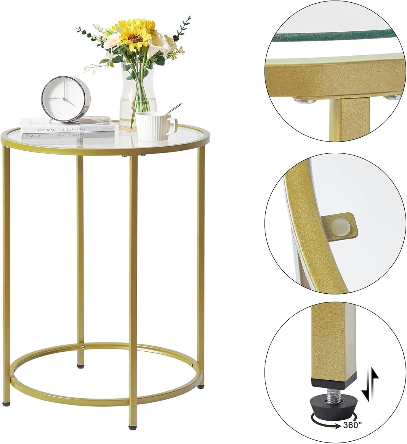 YMYNY UHGD020G – Mesa auxiliar redonda de vidrio templado, mesa auxiliar dorada para oficina, dormitorio, sala de estar, marco de metal, decoración