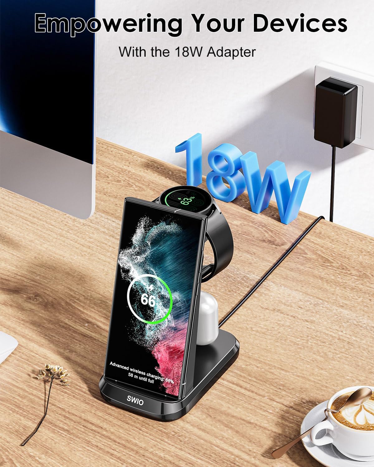 Wireless Charger for Samsung Phones Watch Earbuds (Not for Samsung Z Flip & A Series), SWIO 3 in 1 Charging Station for Samsung Watch 6543, S24 S23