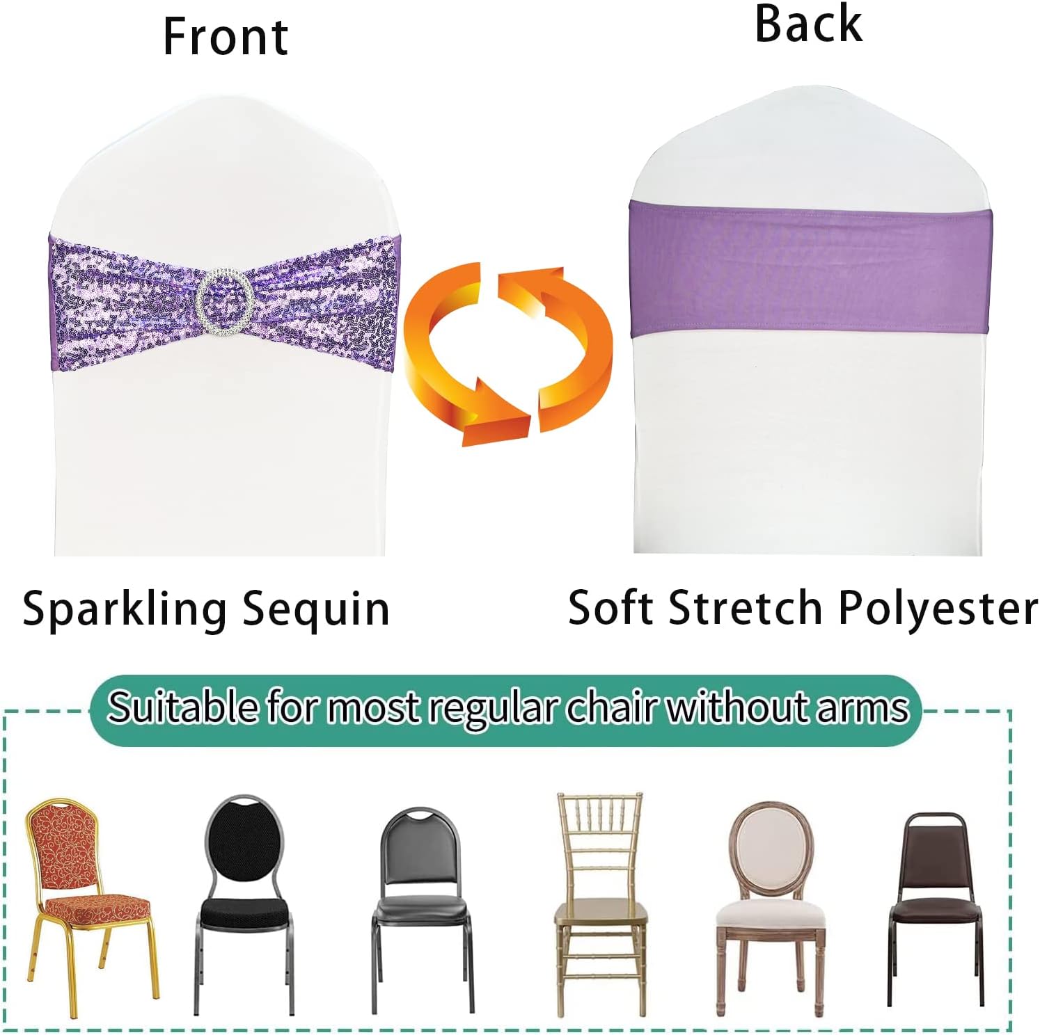 Bandas elásticas de lentejuelas para silla, lazos de poliéster de elastano para fiestas, hoteles, bodas, banquetes, decoración, 6 unidades, lavanda