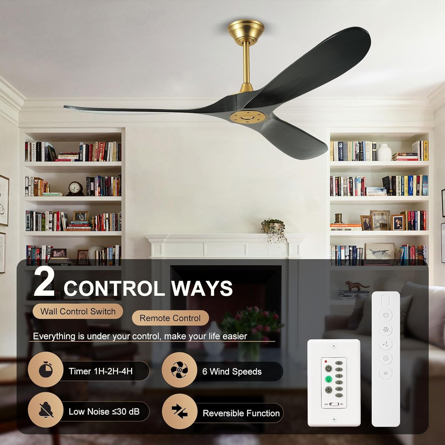 YZEENM 52 Inch Black and Gold Ceiling Fan with Wall Control Switch and Remote Control, Modern Outdoor Ceiling Fans No Lights, 3 Blade Wood Propeller