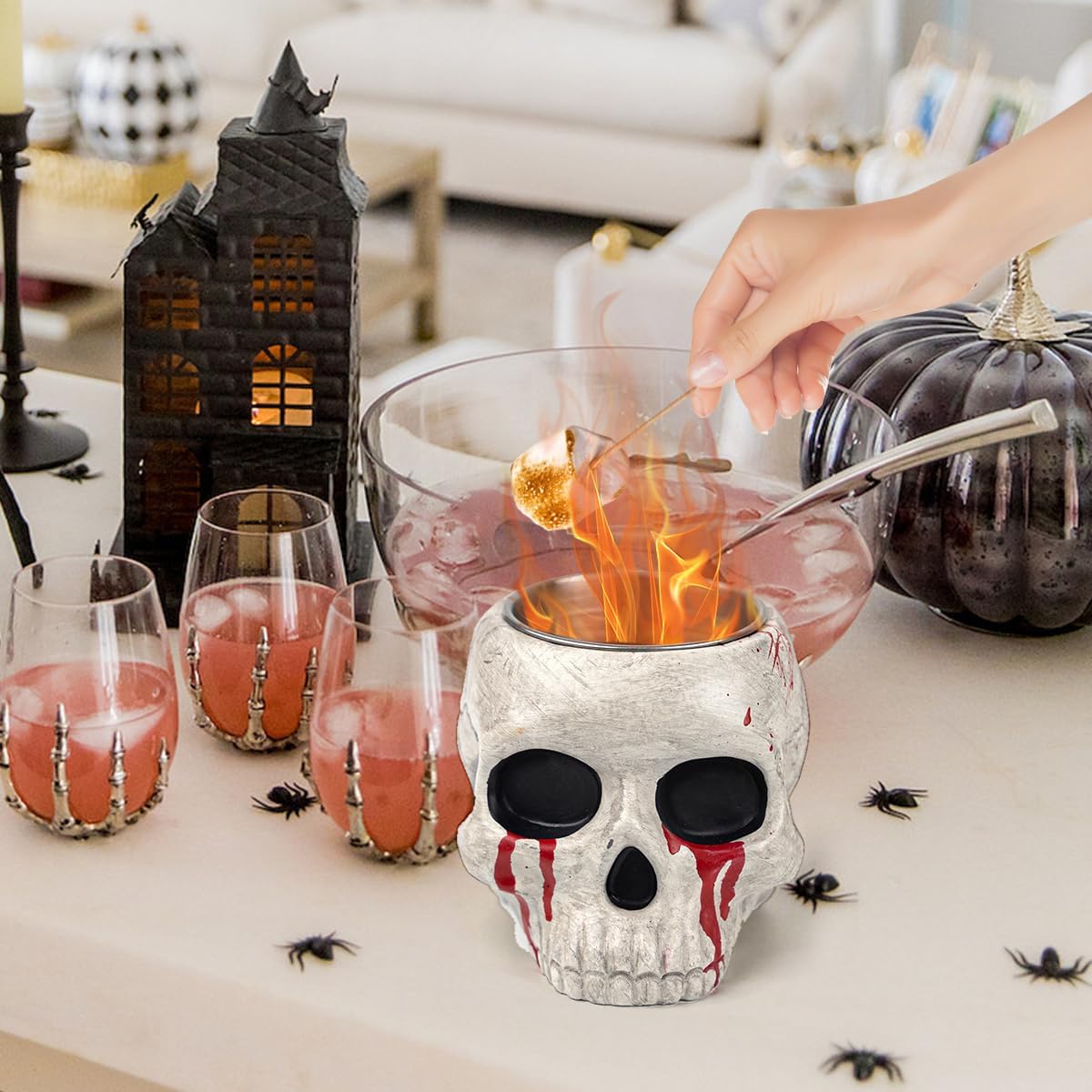 Cuenco para hoguera de mesa  Calavera de Halloween, decoración de fogata de alcohol con calavera, hormigón, chimenea, decoración interior y