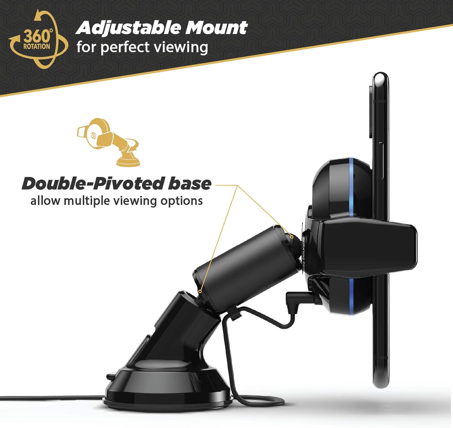 Scosche MGQWDDP-XTET MagicGrip Wireless Charging Double Pivot Windshield Dashboard Phone Mount for Car with Suction Cup, Black