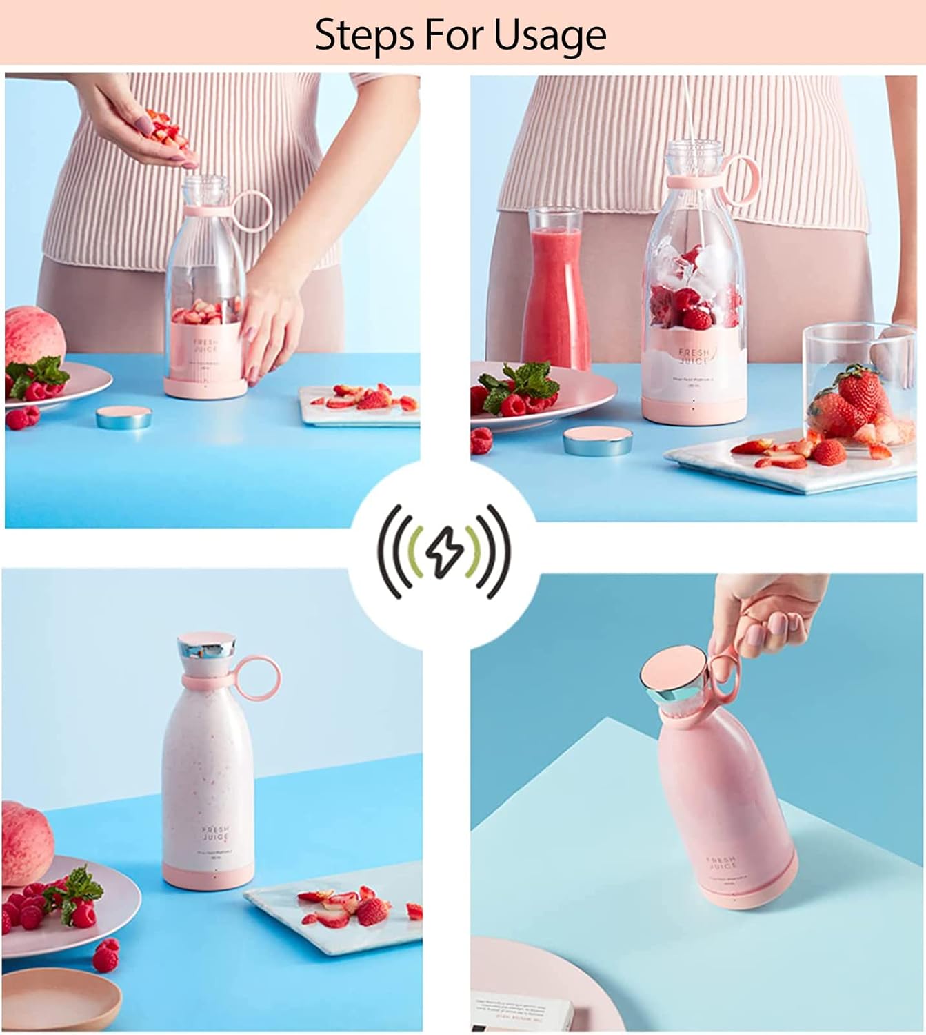 Licuadora portátil, licuadora de tamaño personal, licuadora USB alimentada por batería, con cuatro cuchillas, mini botella de viaje para jugos,