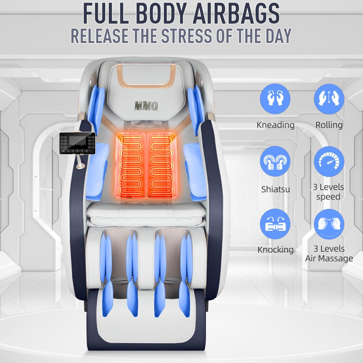 MMQ Silla de masaje de gravedad cero de cuerpo completo, reclinable Shiatsu eléctrico con calefacción trasera y rodillo de pie, altavoces Bluetooth