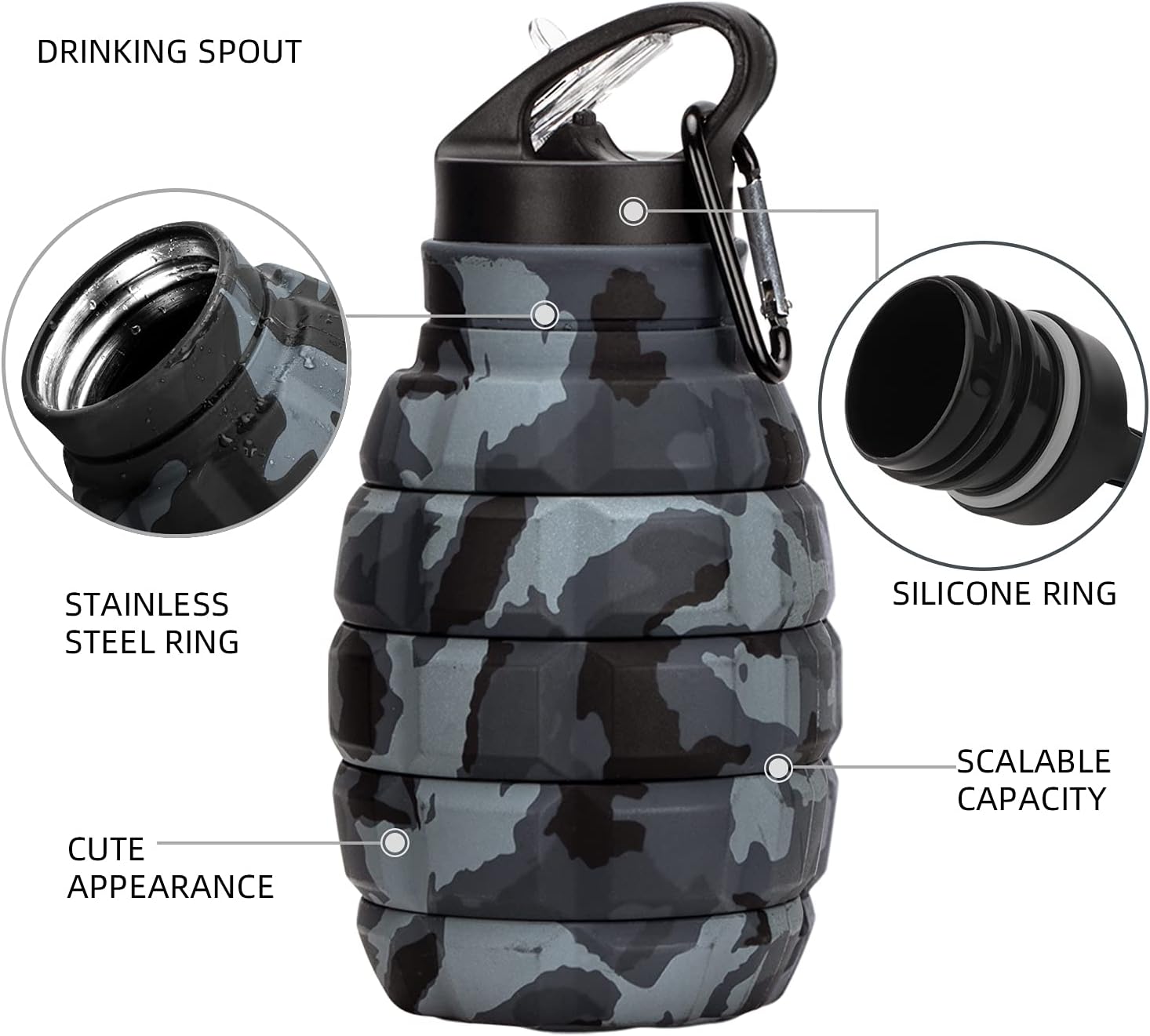 Botella de agua plegable de viaje de 18 onzas, botellas de agua plegables de silicona reutilizables para gimnasio, campamento, senderismo, botella