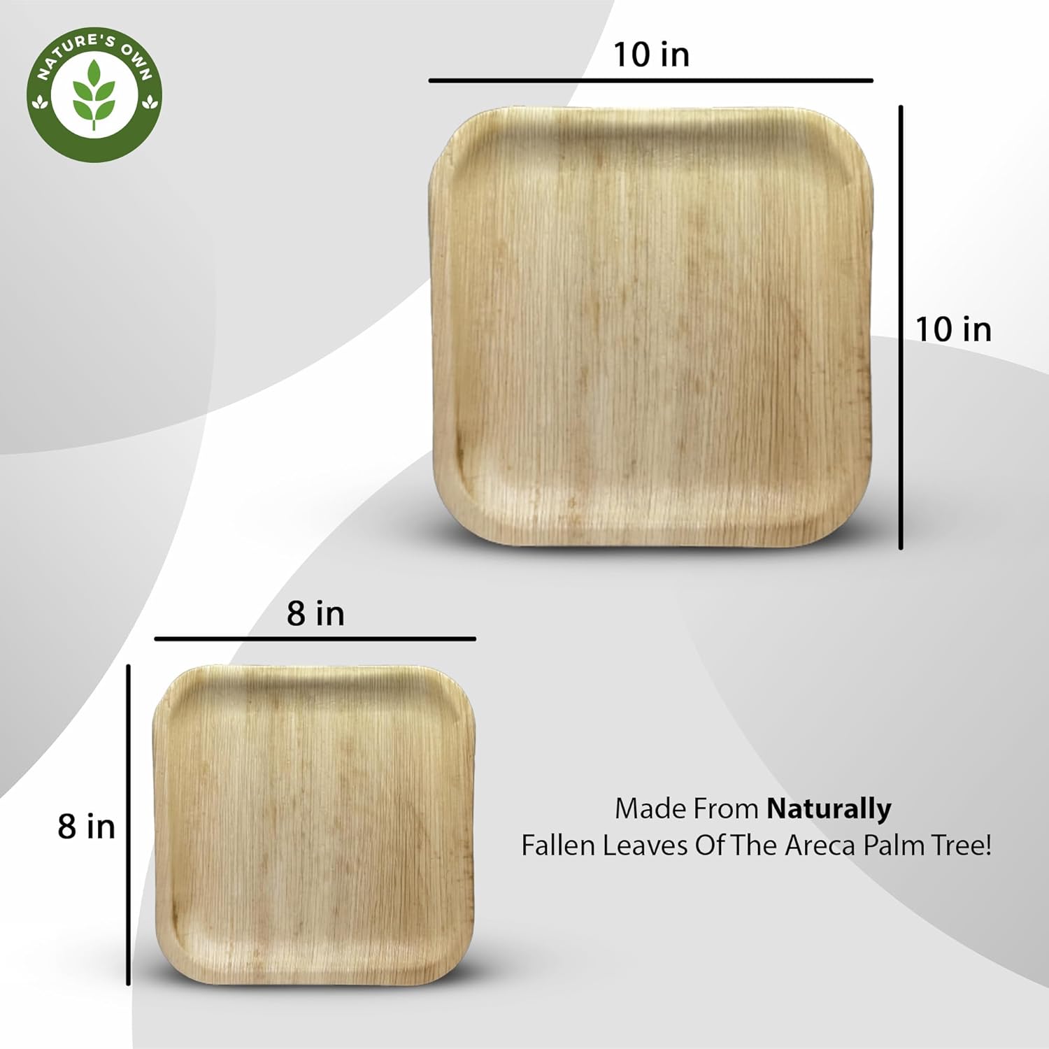 Nature’s Own Paquete de platos de hoja de palmera, 50 unidades (combo de 10 y 8 pulgadas)  Plato cuadrado desechable  Vajilla compostable, ecológica