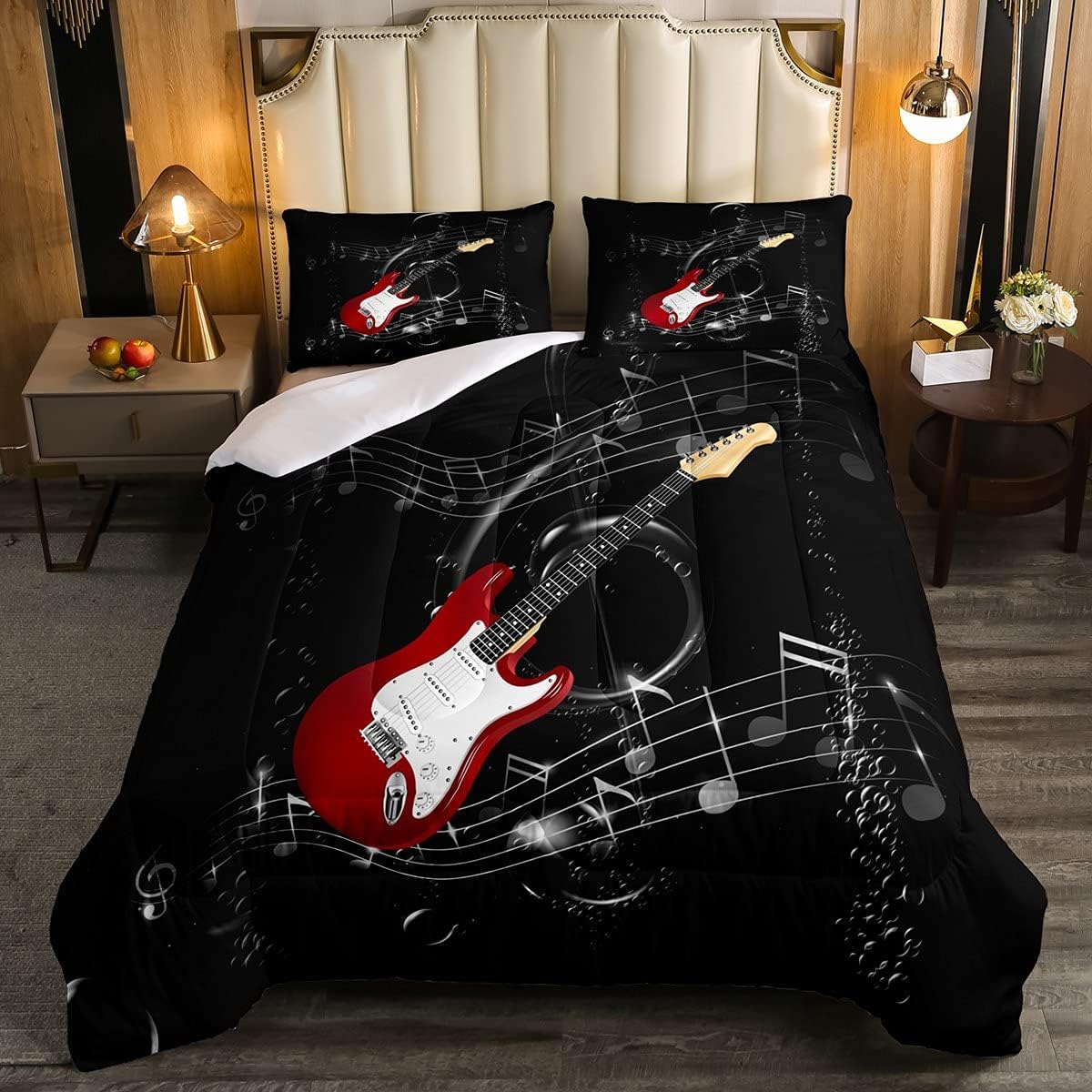 Erosebridal Juego de edredón de guitarra, juego de edredón de notas musicales para adolescentes, tamaño King, juego de ropa de cama de hip hop con