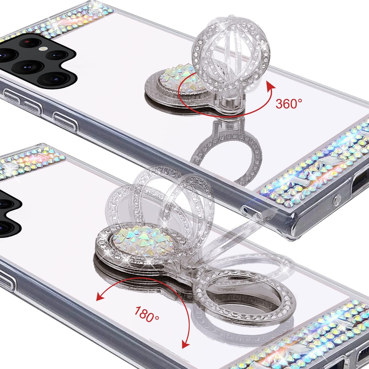 LUVI Compatible con Galaxy S22 Ultra – Funda de espejo de maquillaje con diamantes de imitación con soporte de anillo, soporte de soporte, linda