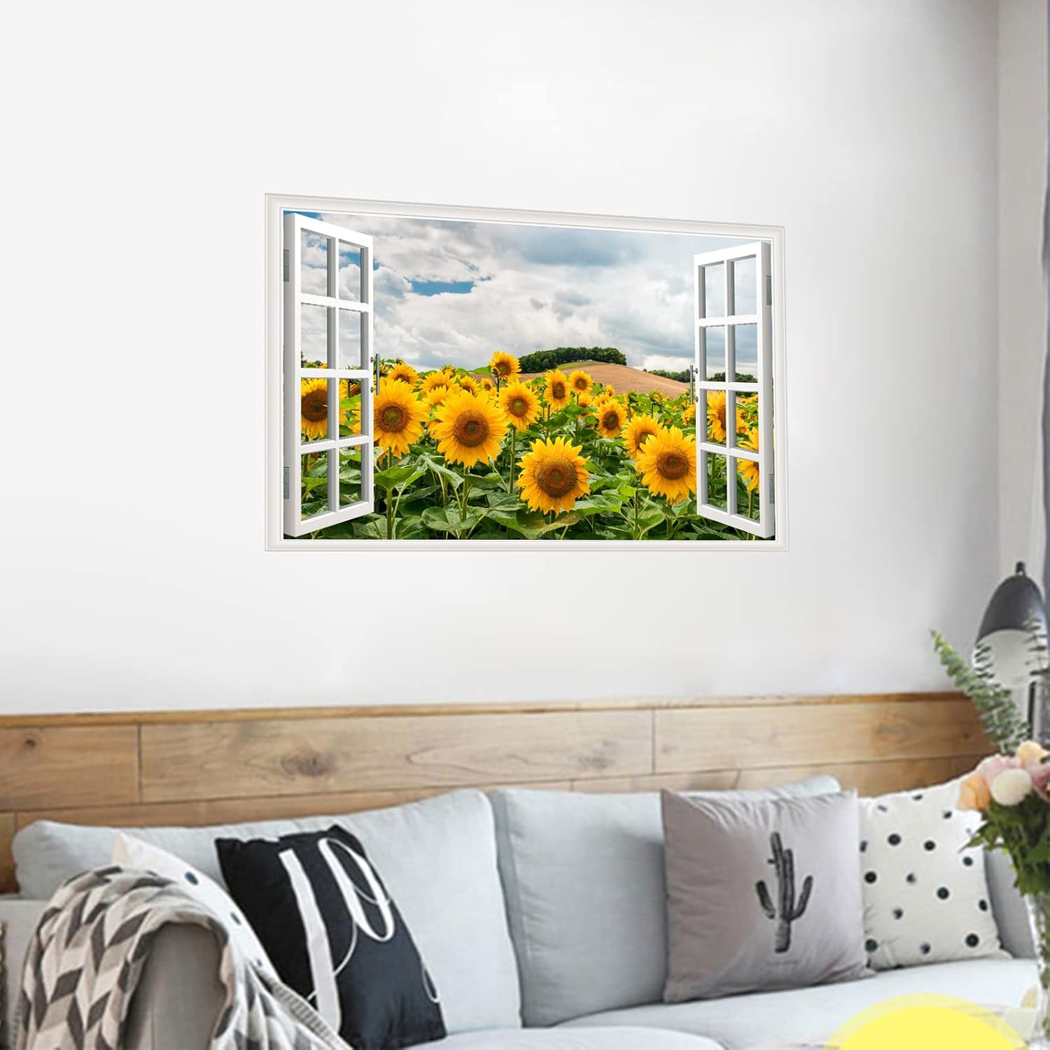 Adhesivo de pared de girasol, removible 3D, para ventanas falsas, vinilo autoadhesivo con girasol, para ventana, decoración de dormitorio, sala de