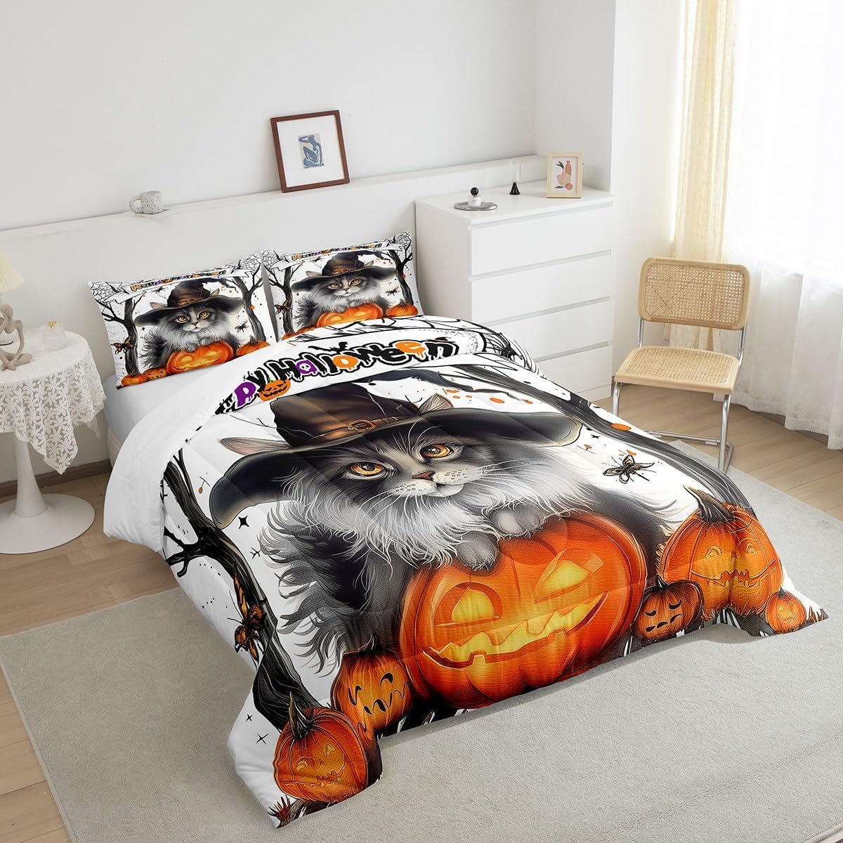 Juego de ropa de cama de Halloween tamaño Queen, lindo juego de edredón con temática de truco o trato, juego de edredón de calabaza de Halloween,