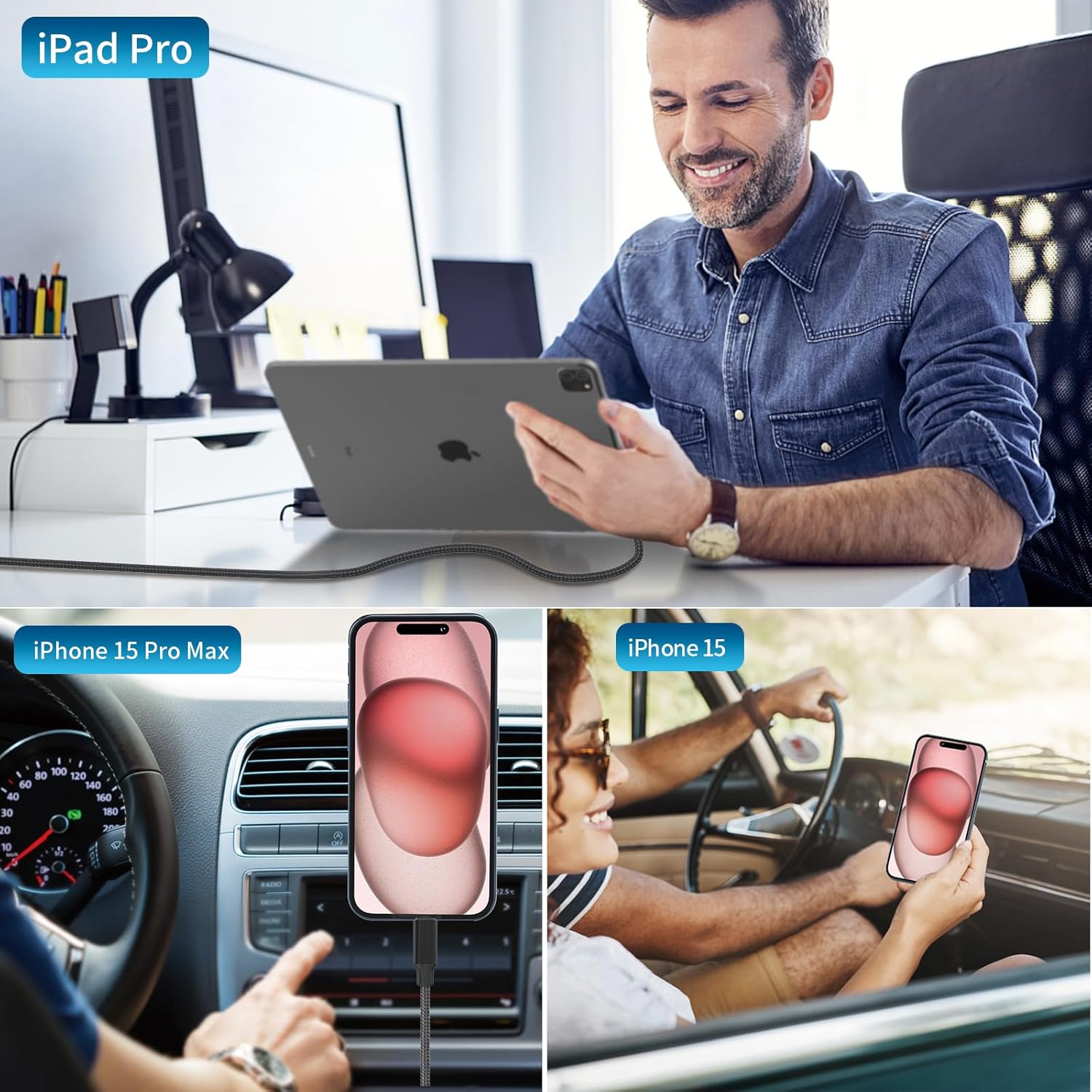 MFi CertifiediPhone 15 Car Charger Fast Charging, Linocell 72W Dual PD Power Cigarette Lighter USB-C Car Charger+2Pack Type-C to Type-C Braided