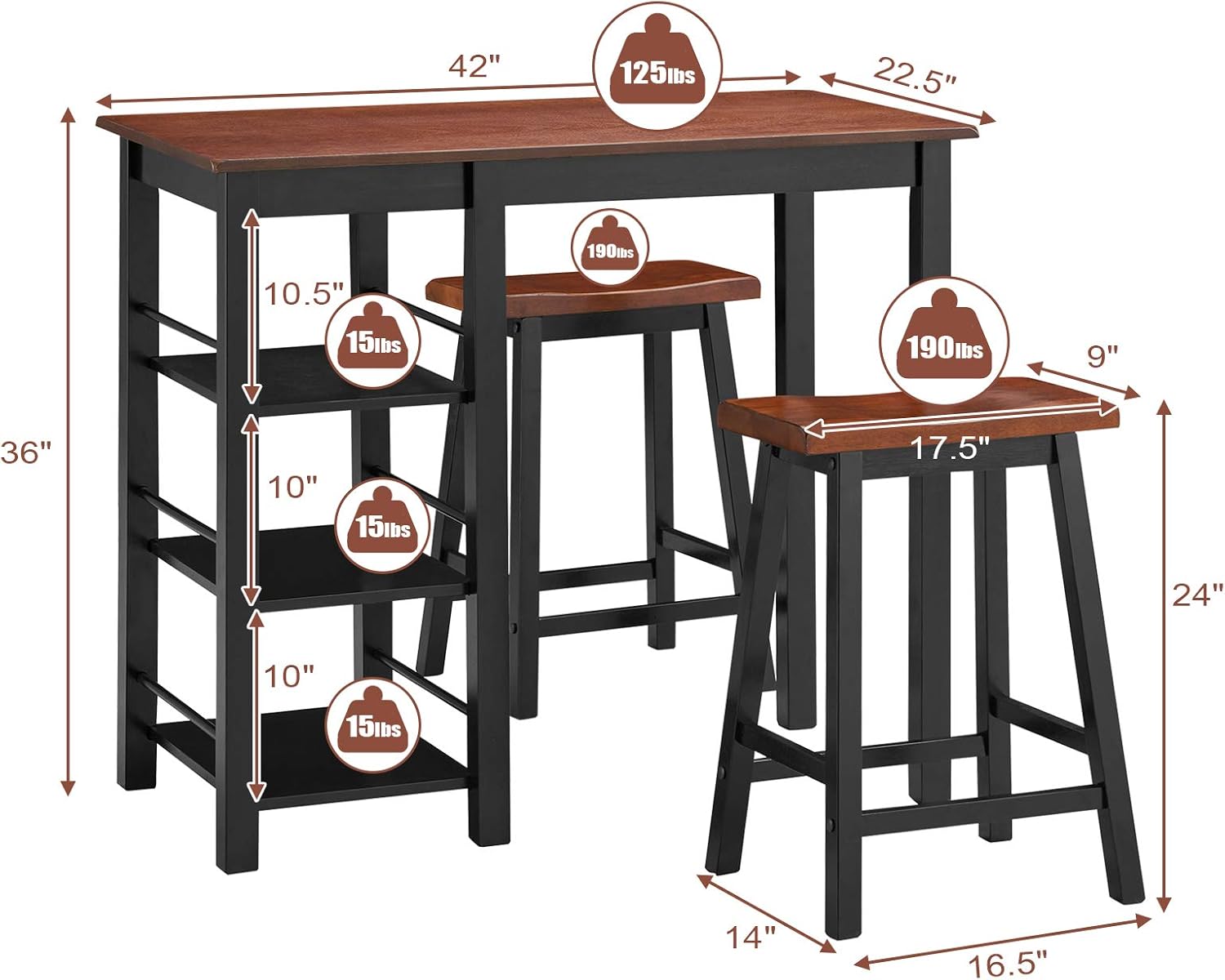 Giantex Juego de comedor de 3 piezas, juego de mesa completamente de madera con 2 sillas y estantes de almacenamiento de 3 niveles, juego de mesa de