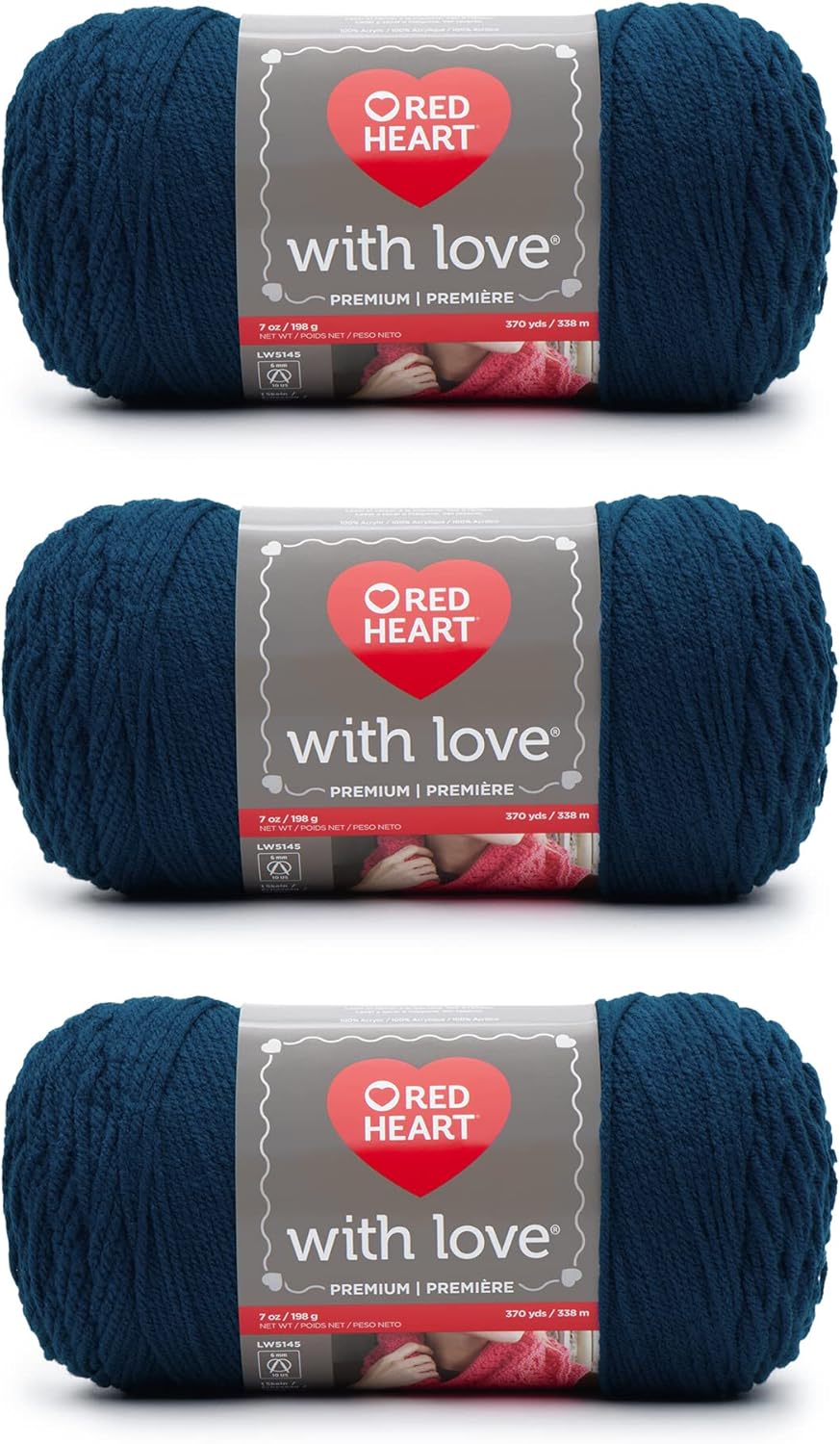 Red Heart with Love – Hilo de pavo real  Paquete de 3 unidades de 6.98 oz7 onzas  Acrílico  4 medianos (peinado)  370 yardas  Tejidoganchillo
