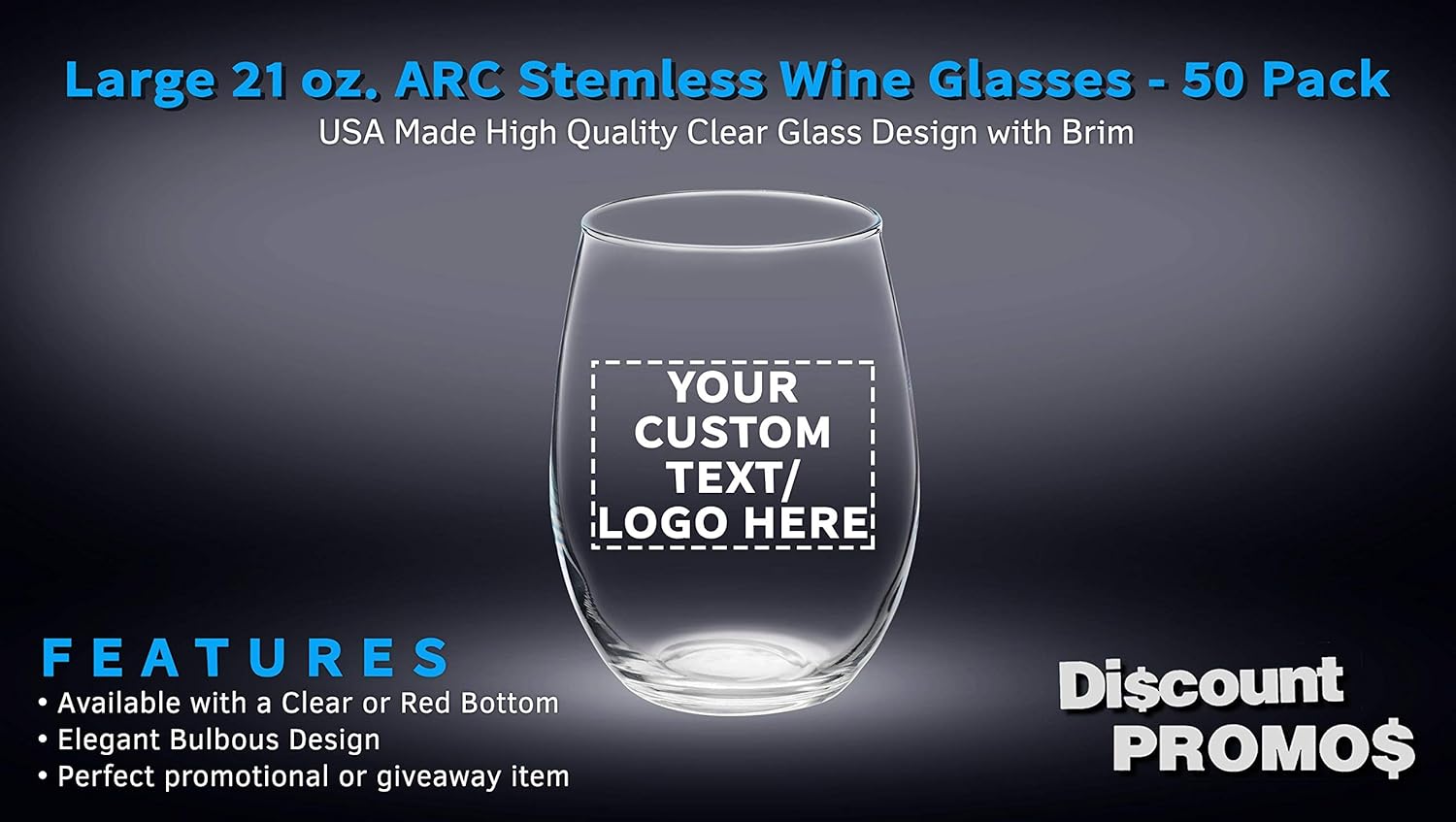 DISCOUNT PROMOS 50 ARC – Juego de copas de vino sin tallo, 21 onzas, texto personalizable, logotipo, Chardonnay, Cabernet, Merlot, Sauvignon,
