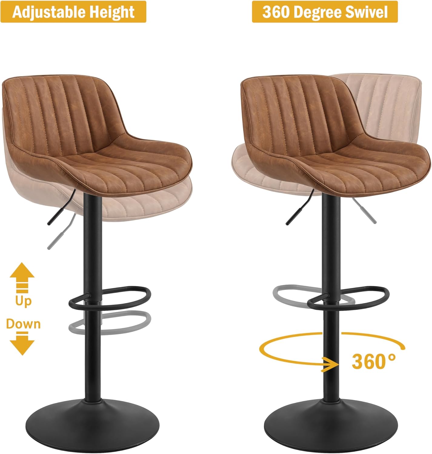 Zouron Juego de 2 taburetes de bar giratorios, taburetes de bar ajustables de altura de mostrador con respaldo alto, taburetes de bar de piel