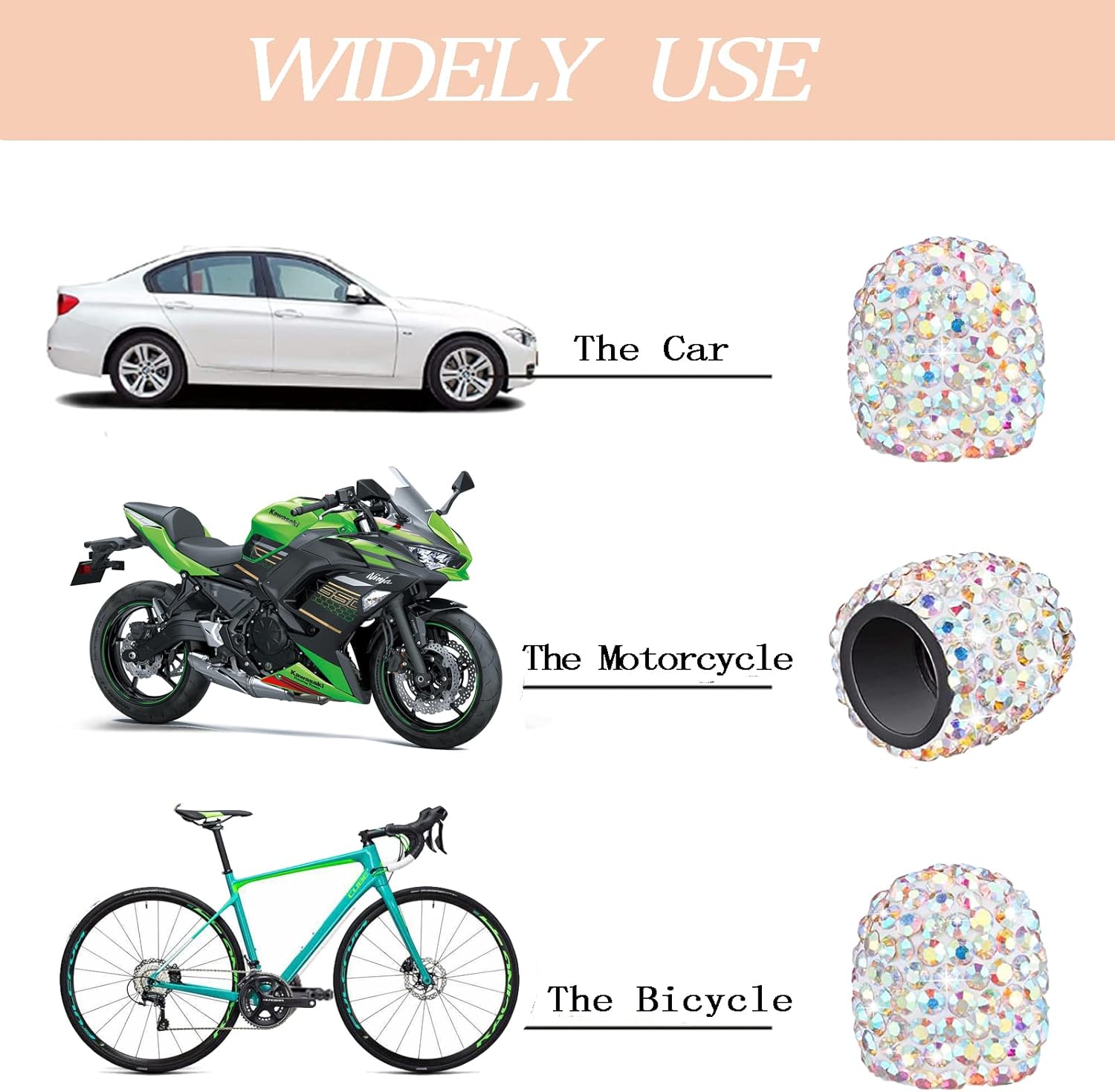 Bling Car Tire Valve Stem Caps, 4Pcs Universal Shinny Tire Air Valves Stem Caps, Sparkling Tire Valves Caps Dustproof for Most Cars, Motorcycles,