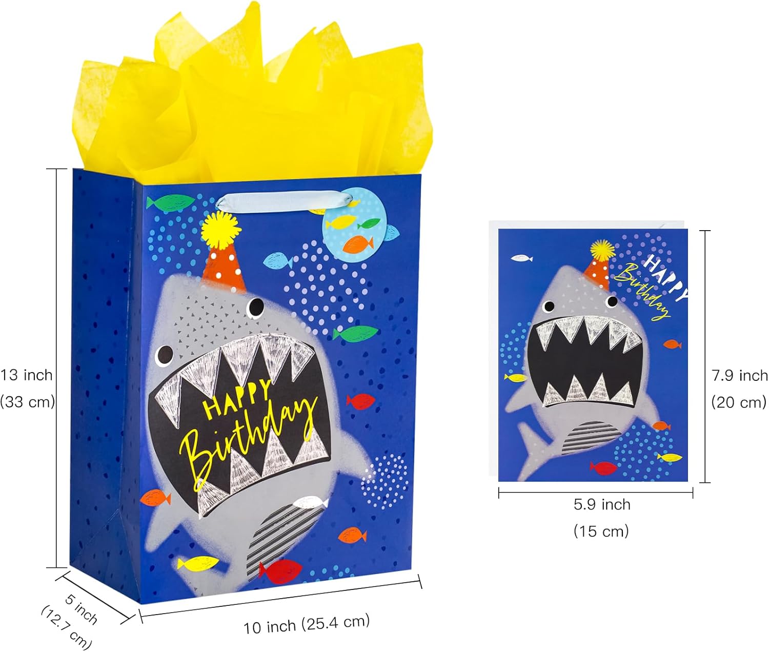 LeZakaa Bolsa de regalo de cumpleaños de 13 pulgadas, bolsa de regalo azul mediana con papel de seda, etiqueta de regalo y tarjeta, diseño de