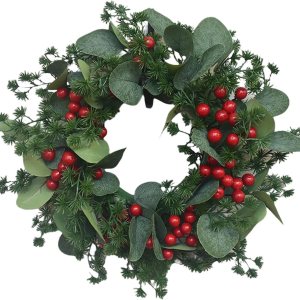 Corona de Navidad para puerta delantera, 12 pulgadas, corona de Navidad, simulación, trompeta, hoja de baya, puerta, decoración de ventana para Corona de Navidad para puerta delantera, 12 pulgadas, corona de Navidad, simulación, trompeta, hoja de baya, puerta, decoración de ventana para